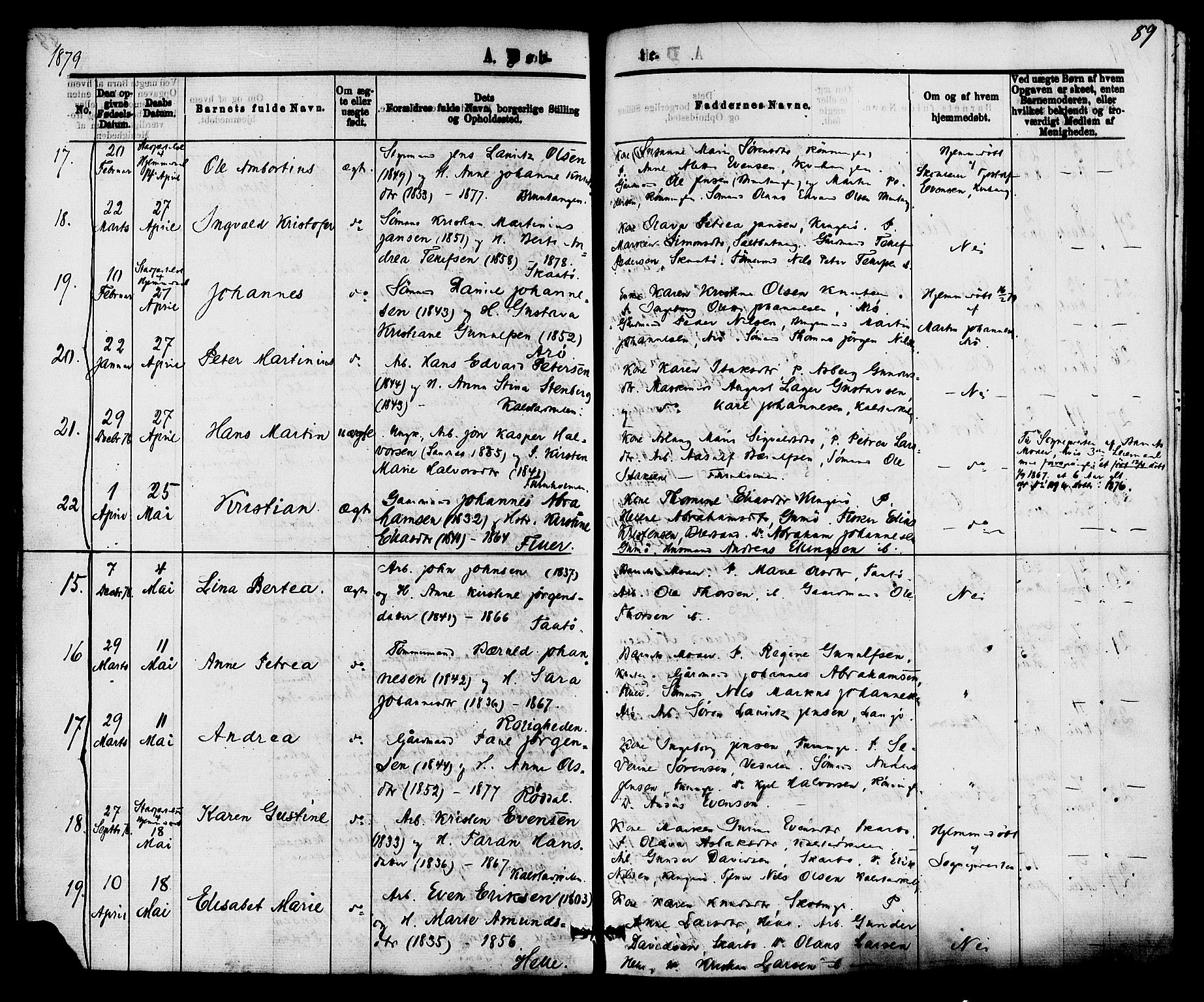 Skåtøy kirkebøker, AV/SAKO-A-304/F/Fa/L0001: Parish register (official) no. I 1, 1874-1883, p. 89