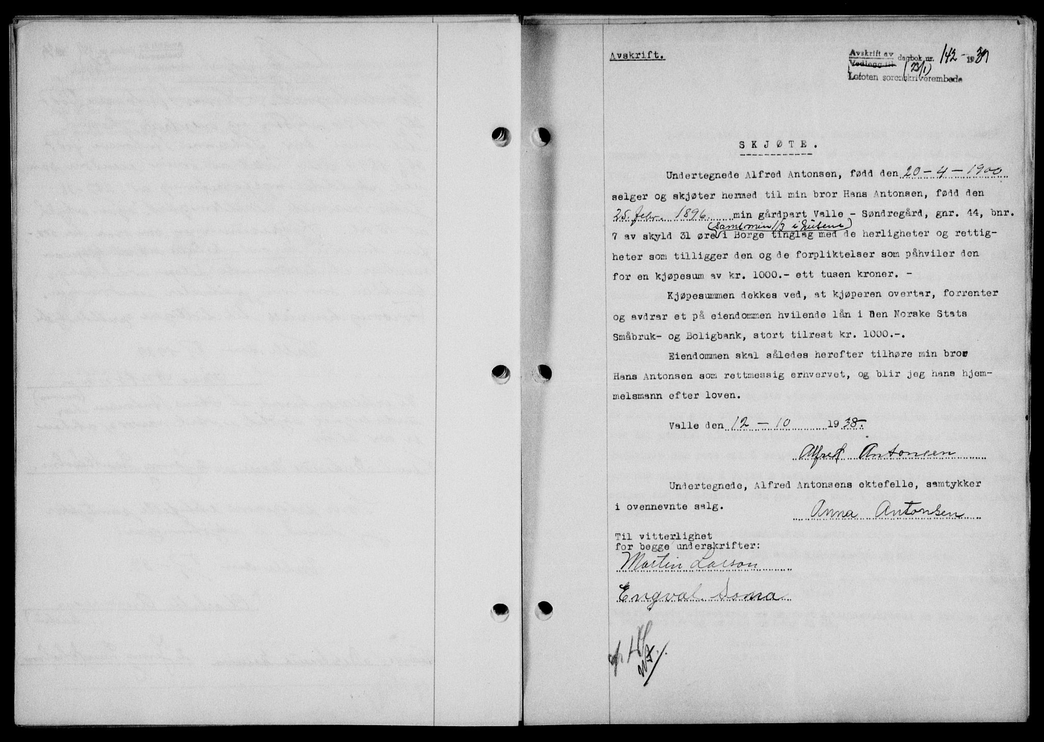 Lofoten sorenskriveri, SAT/A-0017/1/2/2C/L0005a: Mortgage book no. 5a, 1939-1939, Diary no: : 142/1939