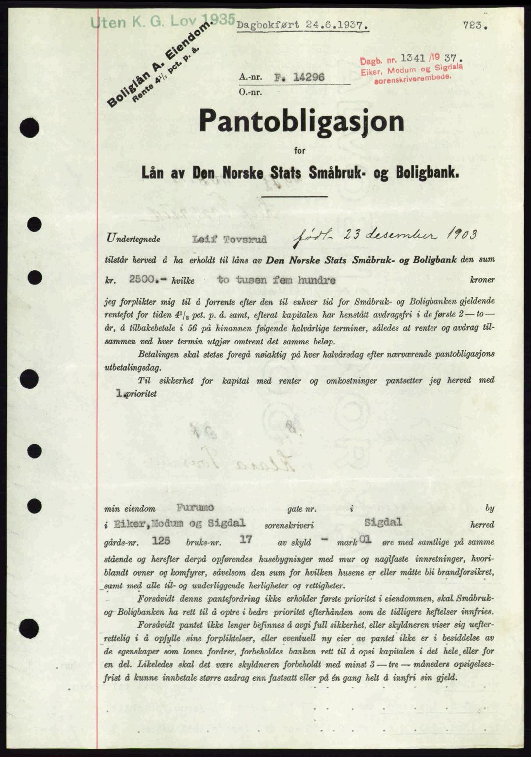 Eiker, Modum og Sigdal sorenskriveri, SAKO/A-123/G/Ga/Gab/L0035: Mortgage book no. A5, 1937-1937, Diary no: : 1341/1937