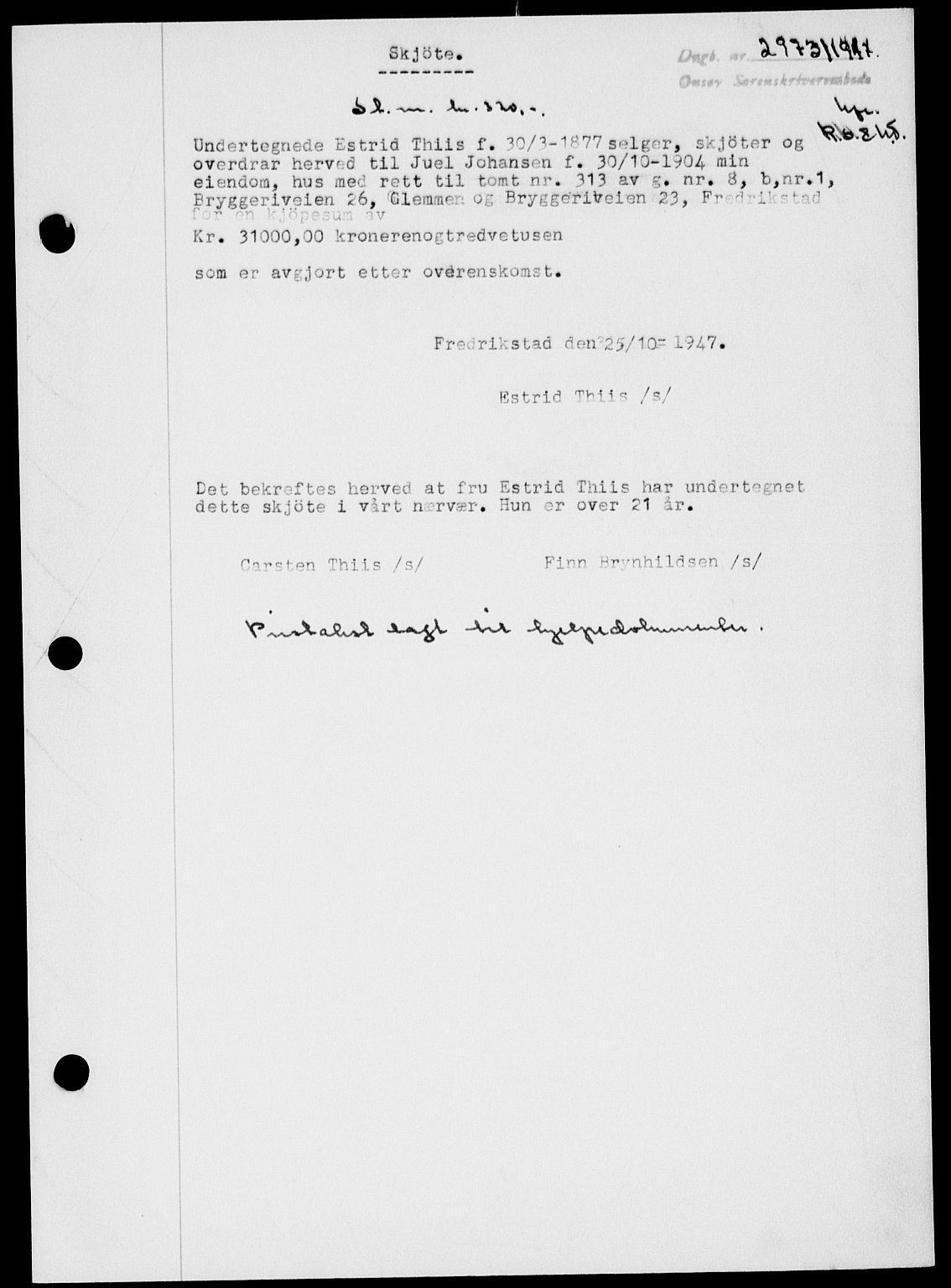 Onsøy sorenskriveri, SAO/A-10474/G/Ga/Gab/L0021: Mortgage book no. II A-21, 1947-1947, Diary no: : 2973/1947