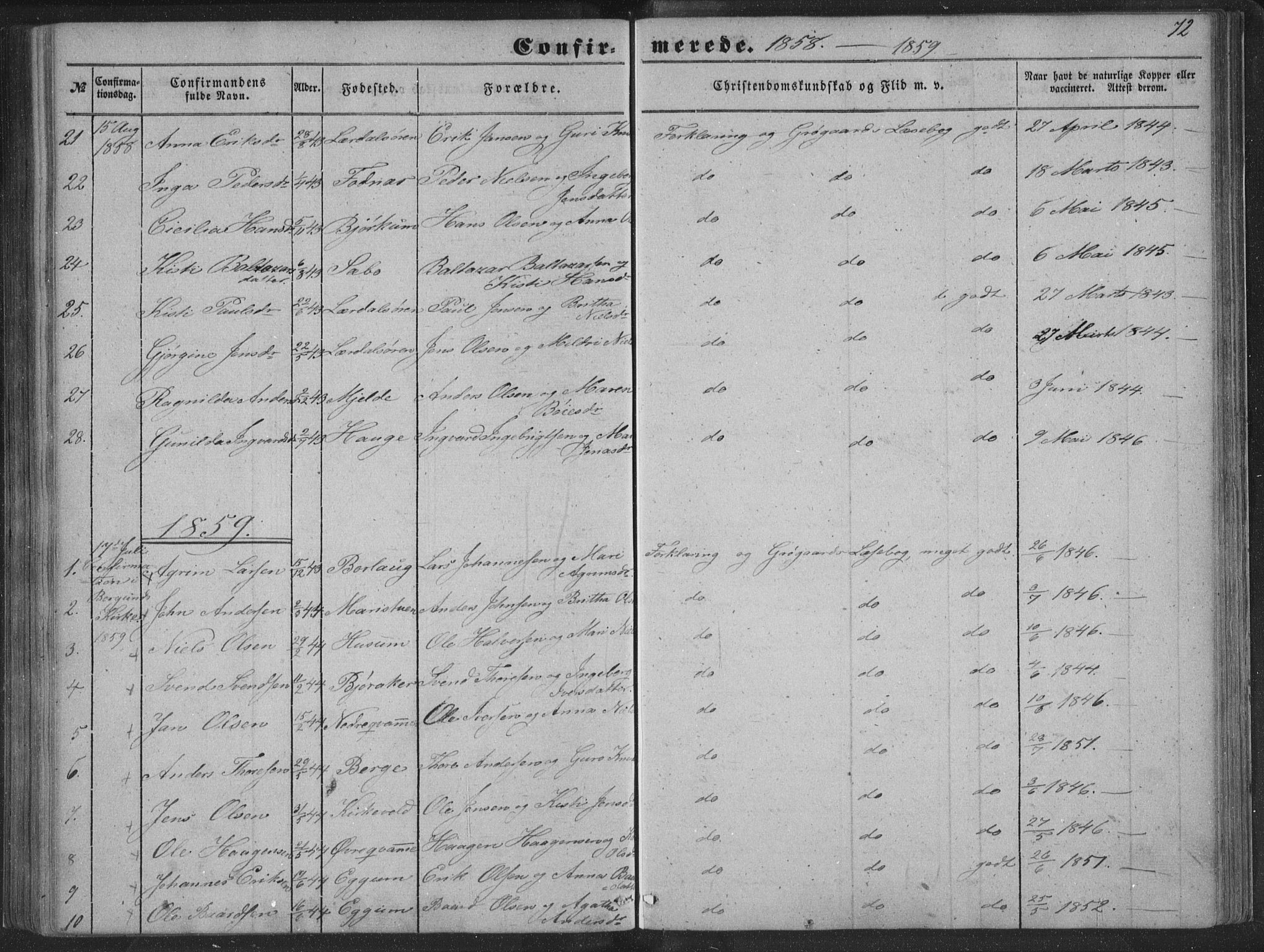 Lærdal sokneprestembete, SAB/A-81201: Parish register (official) no. A 13, 1847-1864, p. 72