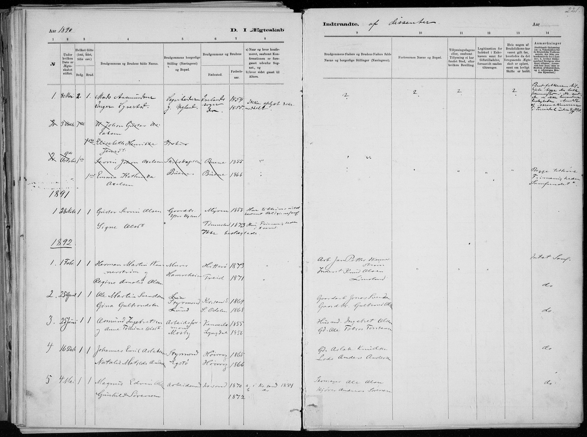 Oddernes sokneprestkontor, AV/SAK-1111-0033/F/Fa/Faa/L0009: Parish register (official) no. A 9, 1884-1896, p. 221