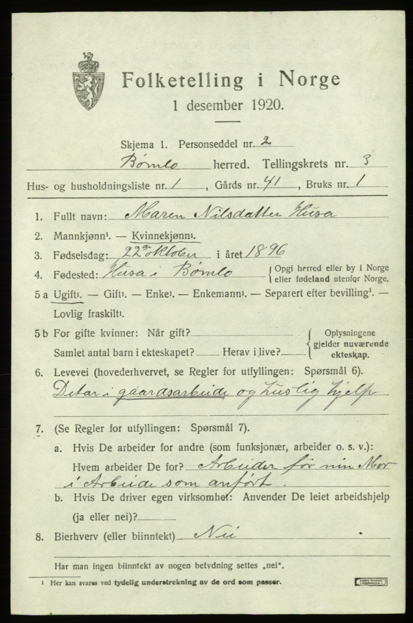 SAB, 1920 census for Bømlo, 1920, p. 2451