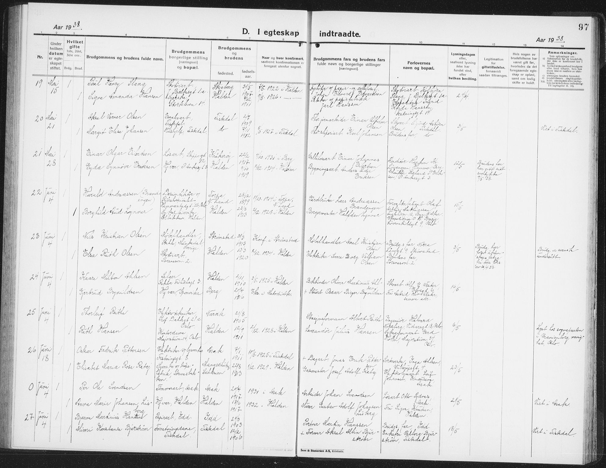 Halden prestekontor Kirkebøker, AV/SAO-A-10909/G/Ga/L0014: Parish register (copy) no. 14, 1925-1943, p. 97