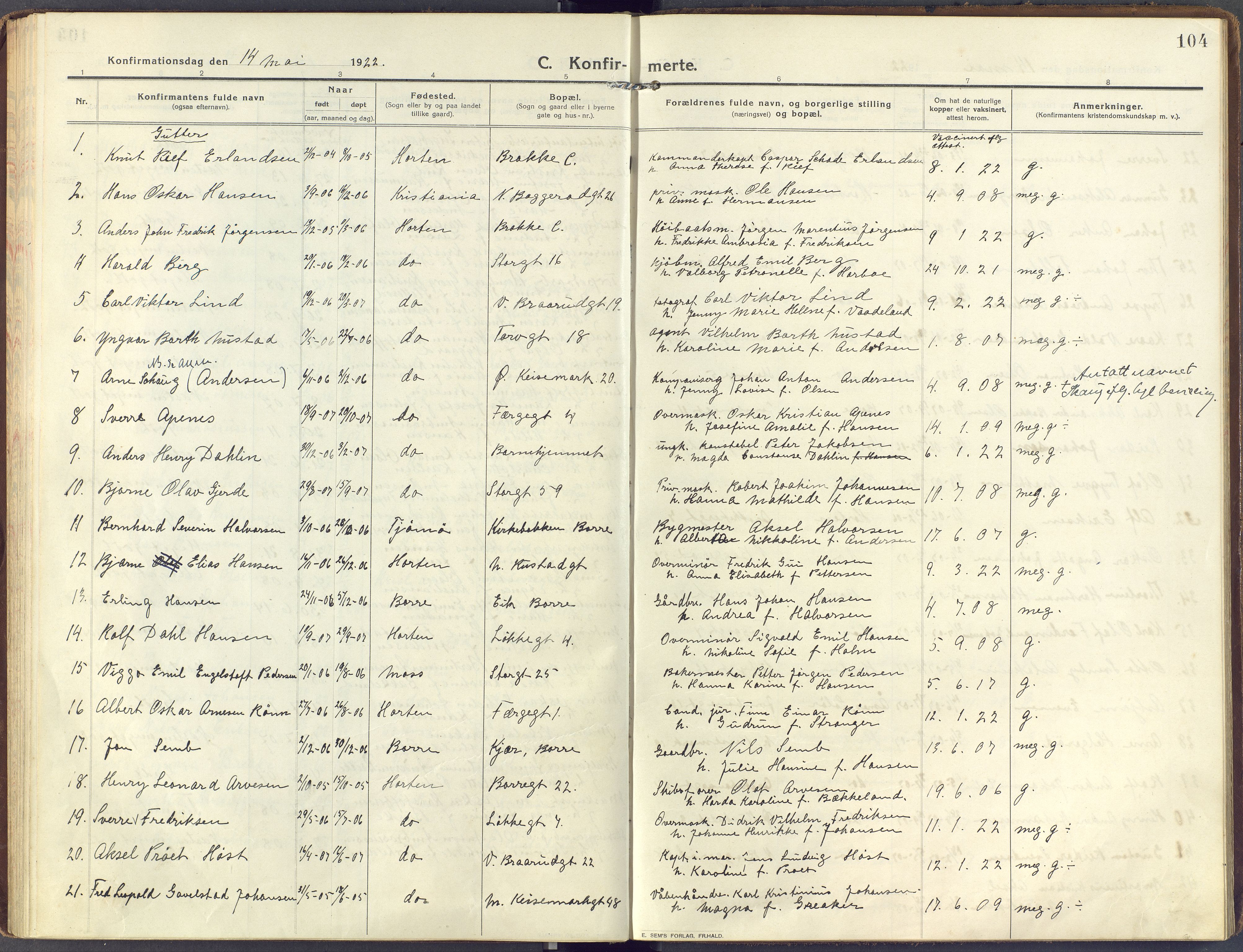 Horten kirkebøker, SAKO/A-348/F/Fa/L0010: Parish register (official) no. 10, 1913-1925, p. 104
