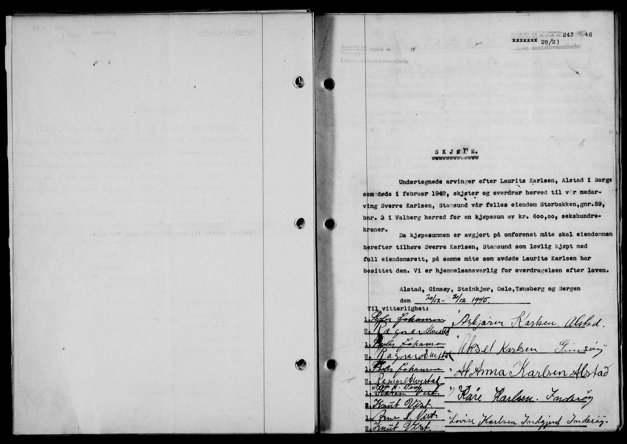 Lofoten sorenskriveri, SAT/A-0017/1/2/2C/L0013a: Mortgage book no. 13a, 1944-1946, Diary no: : 243/1946