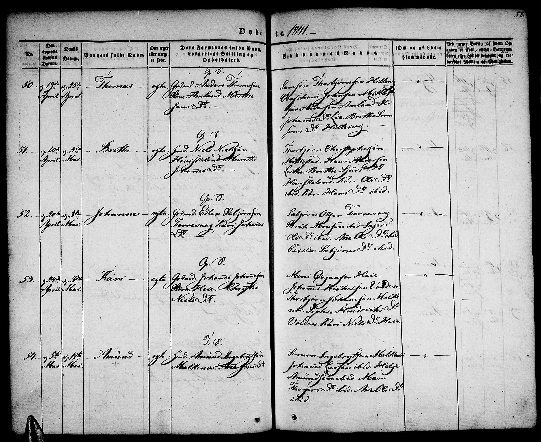 Tysnes sokneprestembete, SAB/A-78601/H/Haa: Parish register (official) no. A 9, 1837-1848, p. 58