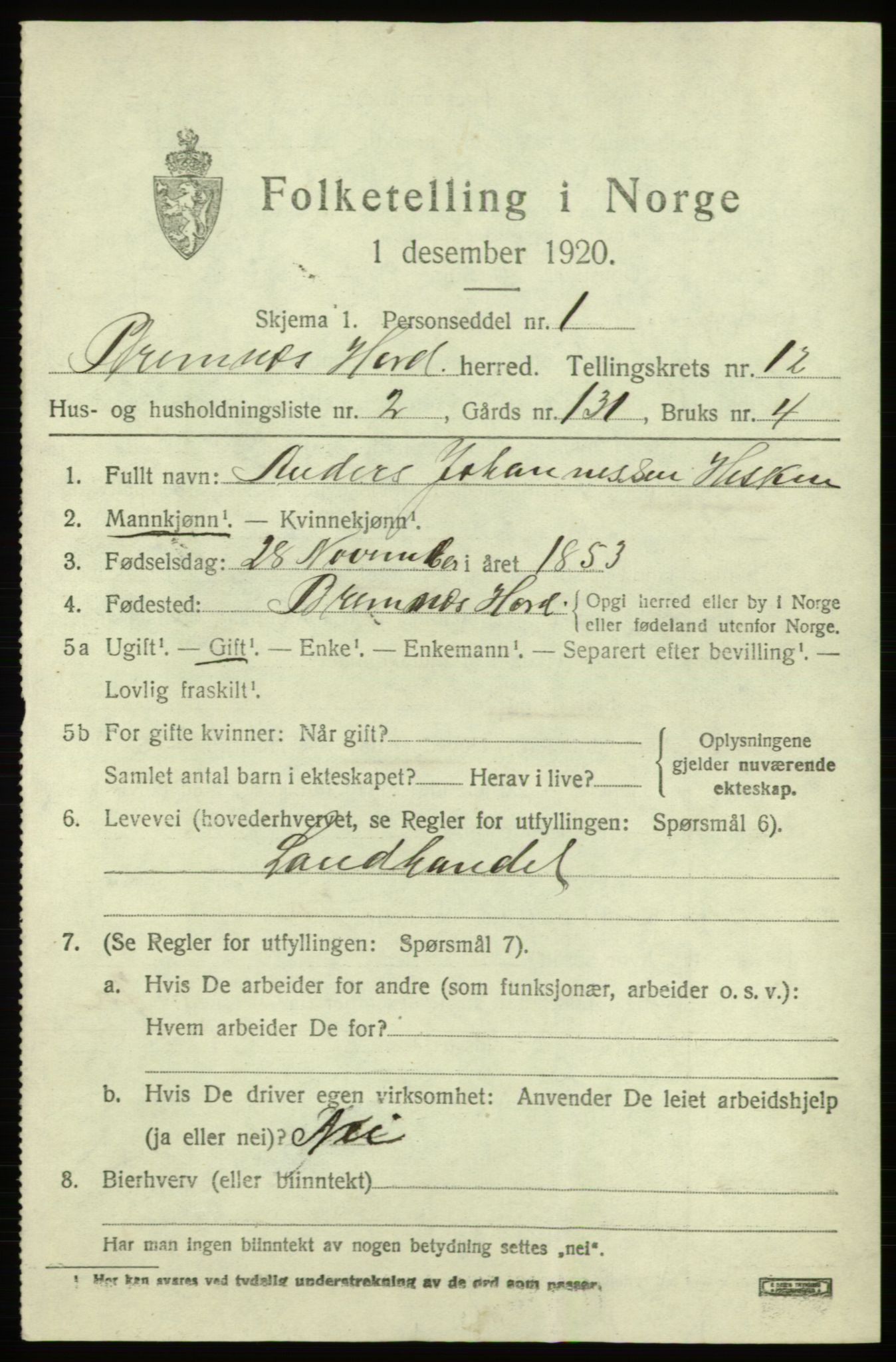 SAB, 1920 census for Bremnes, 1920, p. 7588