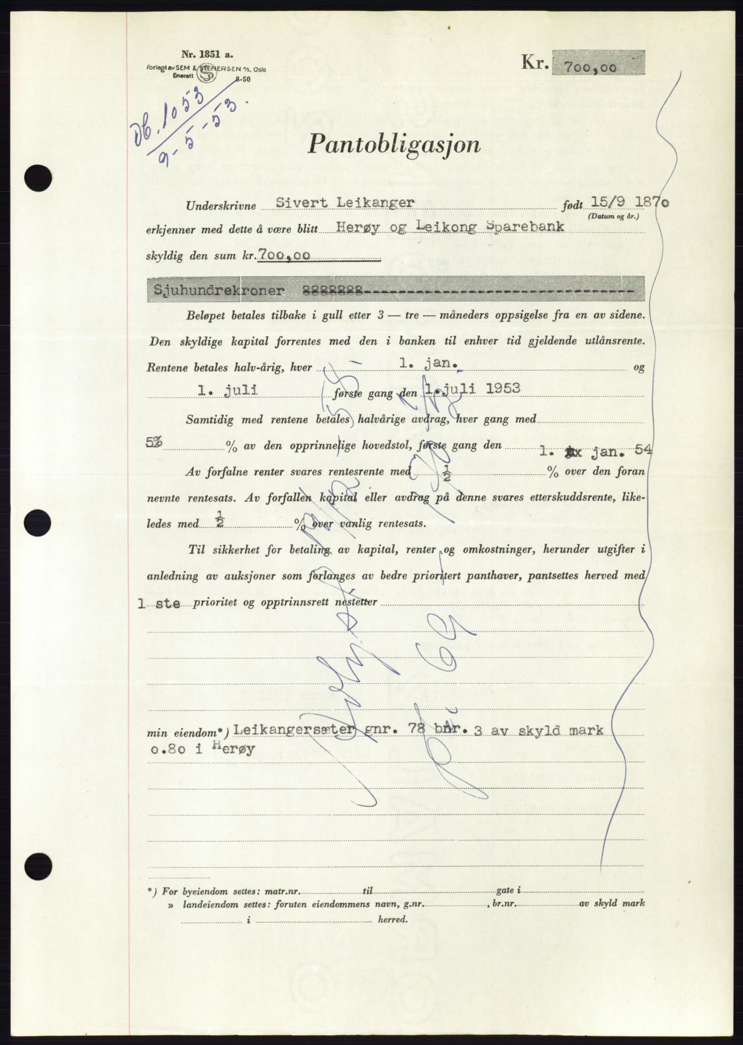 Søre Sunnmøre sorenskriveri, SAT/A-4122/1/2/2C/L0123: Mortgage book no. 11B, 1953-1953, Diary no: : 1053/1953