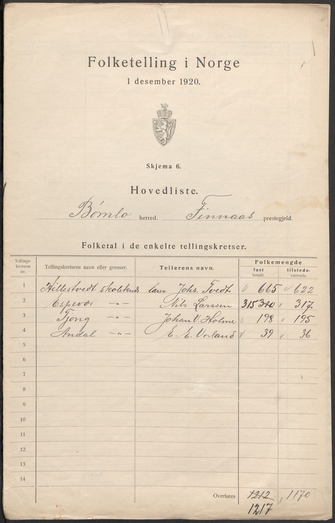 SAB, 1920 census for Bømlo, 1920, p. 2