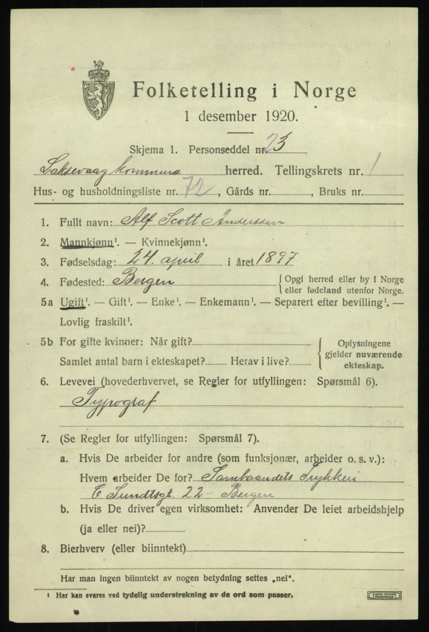 SAB, 1920 census for Laksevåg, 1920, p. 5008