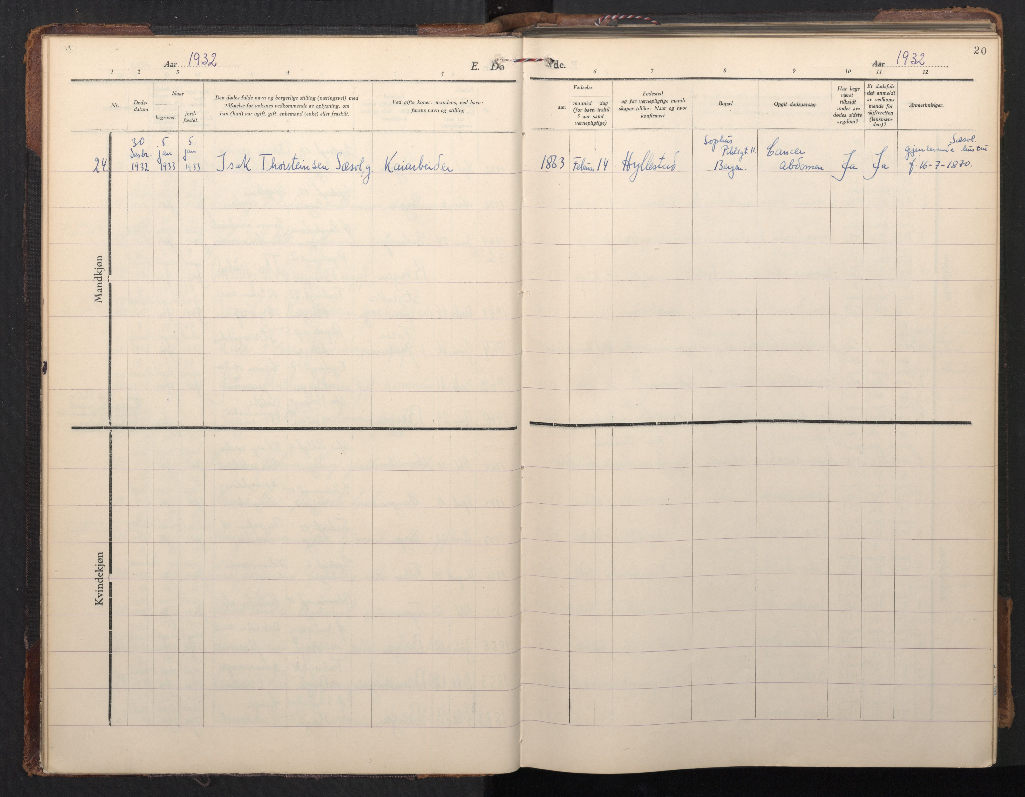 St. Olavs Sokneprestembete, AV/SAB-A-78101/H/Hab: Parish register (copy) no. D 1, 1928-1980, p. 20