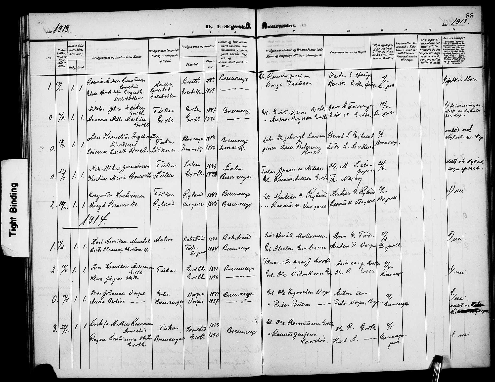 Bremanger sokneprestembete, SAB/A-82201/H/Hab/Habc/L0001: Parish register (copy) no. C 1, 1908-1919, p. 88