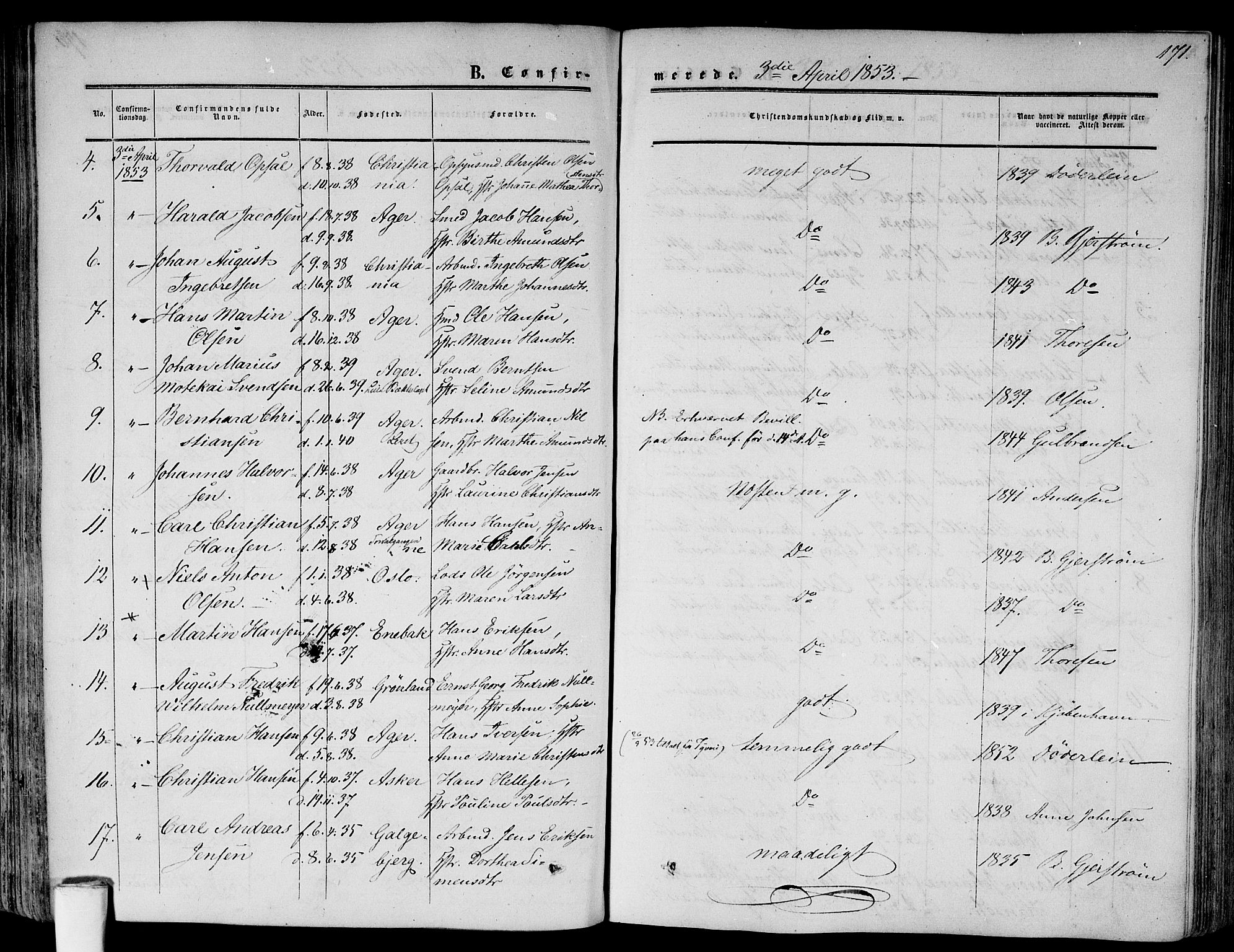 Gamlebyen prestekontor Kirkebøker, AV/SAO-A-10884/F/Fa/L0004: Parish register (official) no. 4, 1850-1857, p. 171