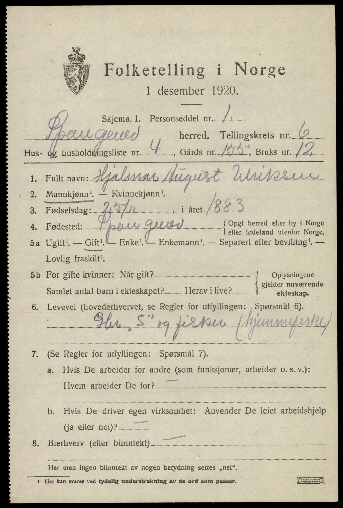 SAK, 1920 census for Spangereid, 1920, p. 2231