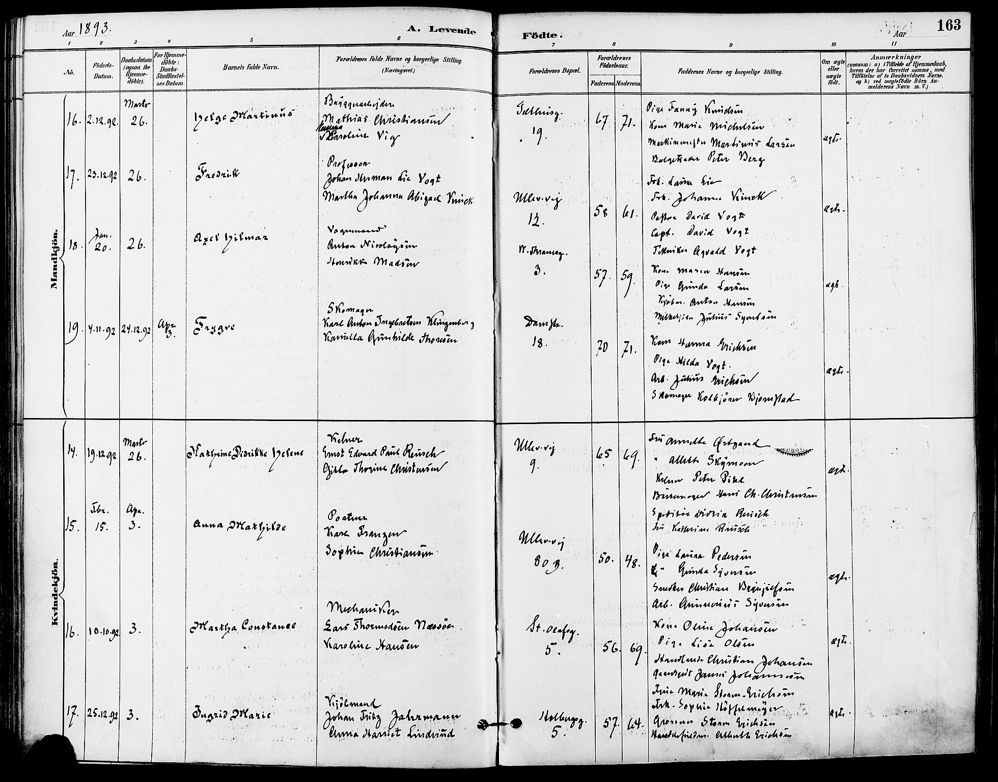 Gamle Aker prestekontor Kirkebøker, SAO/A-10617a/F/L0008: Parish register (official) no. 8, 1887-1896, p. 163