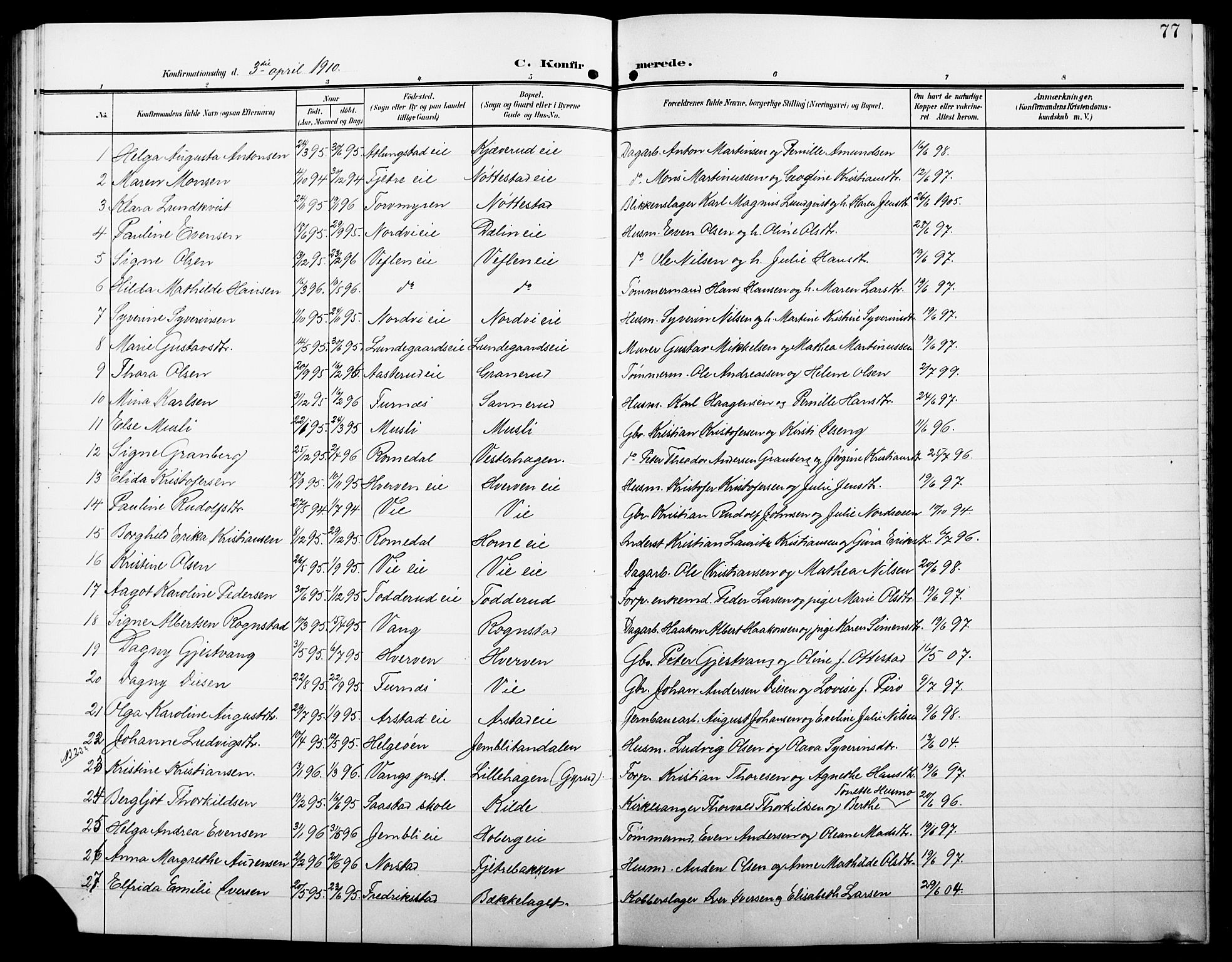Stange prestekontor, AV/SAH-PREST-002/L/L0013: Parish register (copy) no. 13, 1906-1915, p. 77