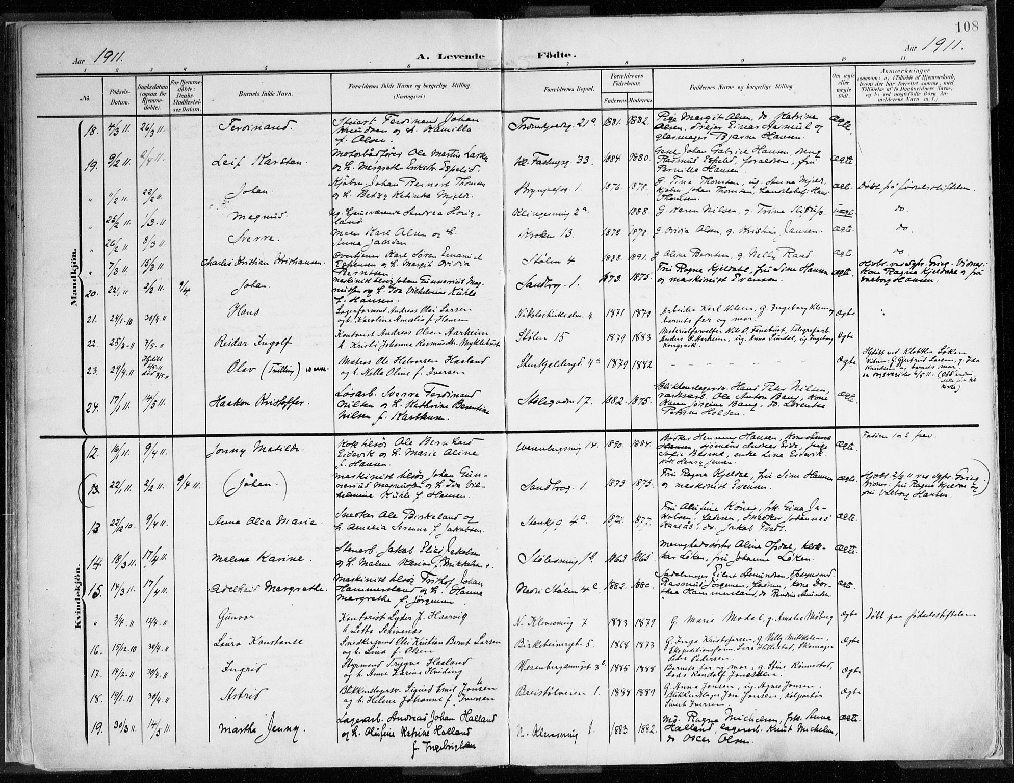 Mariakirken Sokneprestembete, AV/SAB-A-76901/H/Haa/L0010: Parish register (official) no. B 1, 1901-1915, p. 108