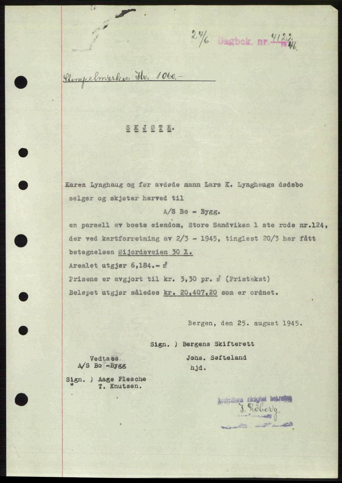 Byfogd og Byskriver i Bergen, SAB/A-3401/03/03Bc/L0022: Mortgage book no. A18, 1946-1946, Diary no: : 4122/1946