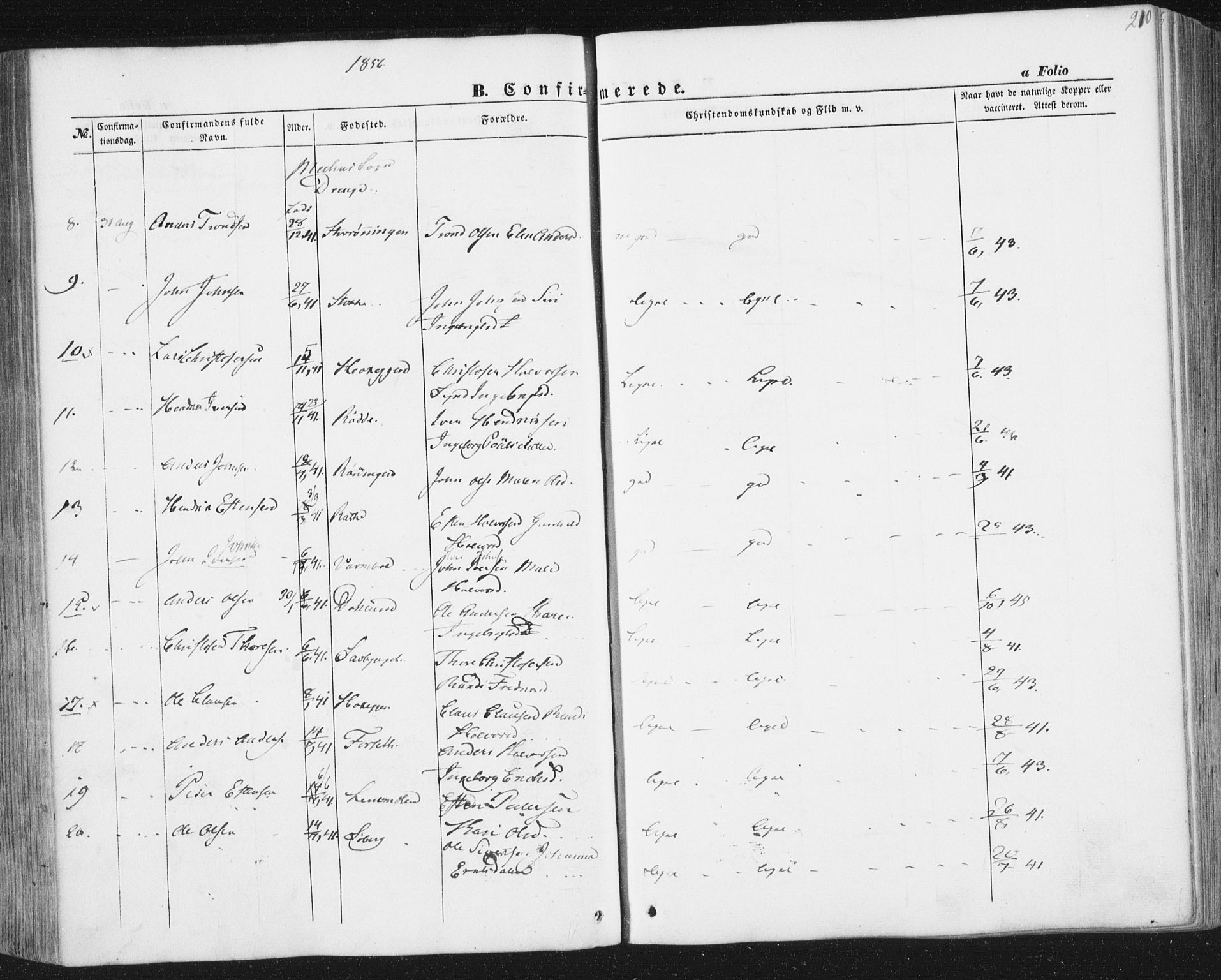 Ministerialprotokoller, klokkerbøker og fødselsregistre - Sør-Trøndelag, AV/SAT-A-1456/691/L1076: Parish register (official) no. 691A08, 1852-1861, p. 210