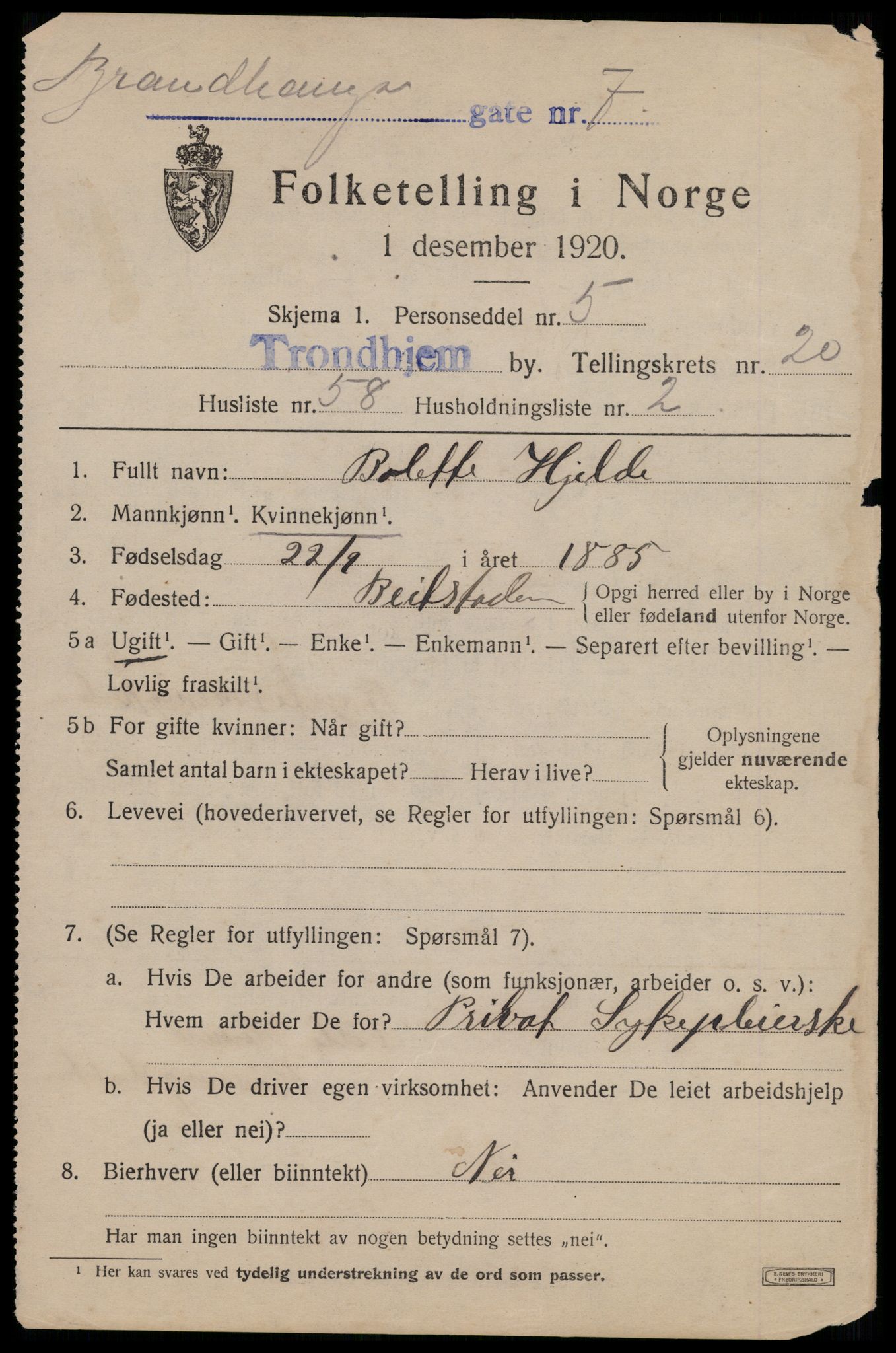 SAT, 1920 census for Trondheim, 1920, p. 61034