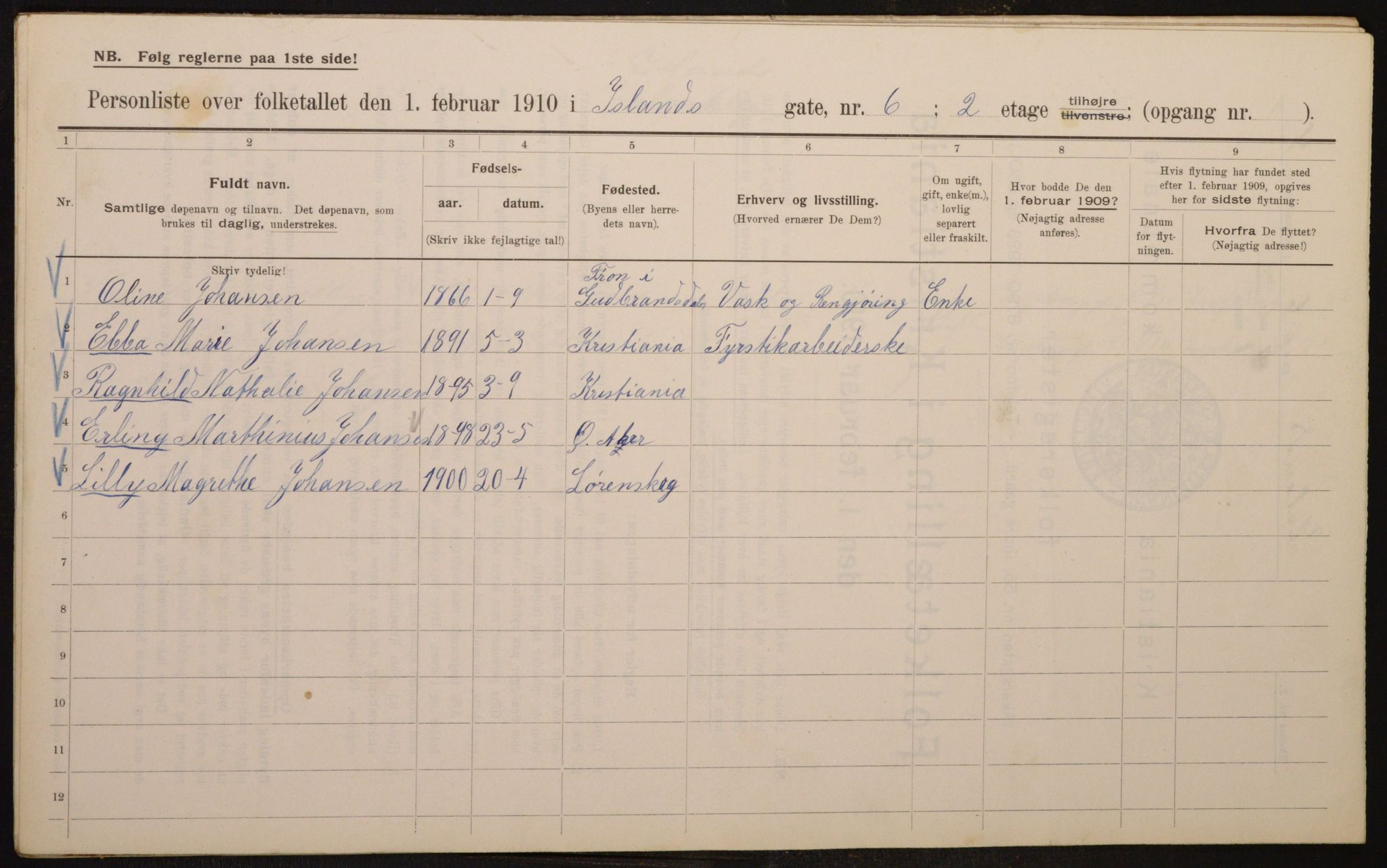 OBA, Municipal Census 1910 for Kristiania, 1910, p. 43422