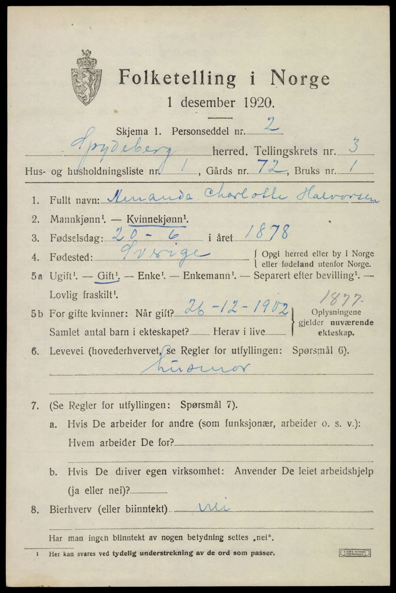 SAO, 1920 census for Spydeberg, 1920, p. 4067