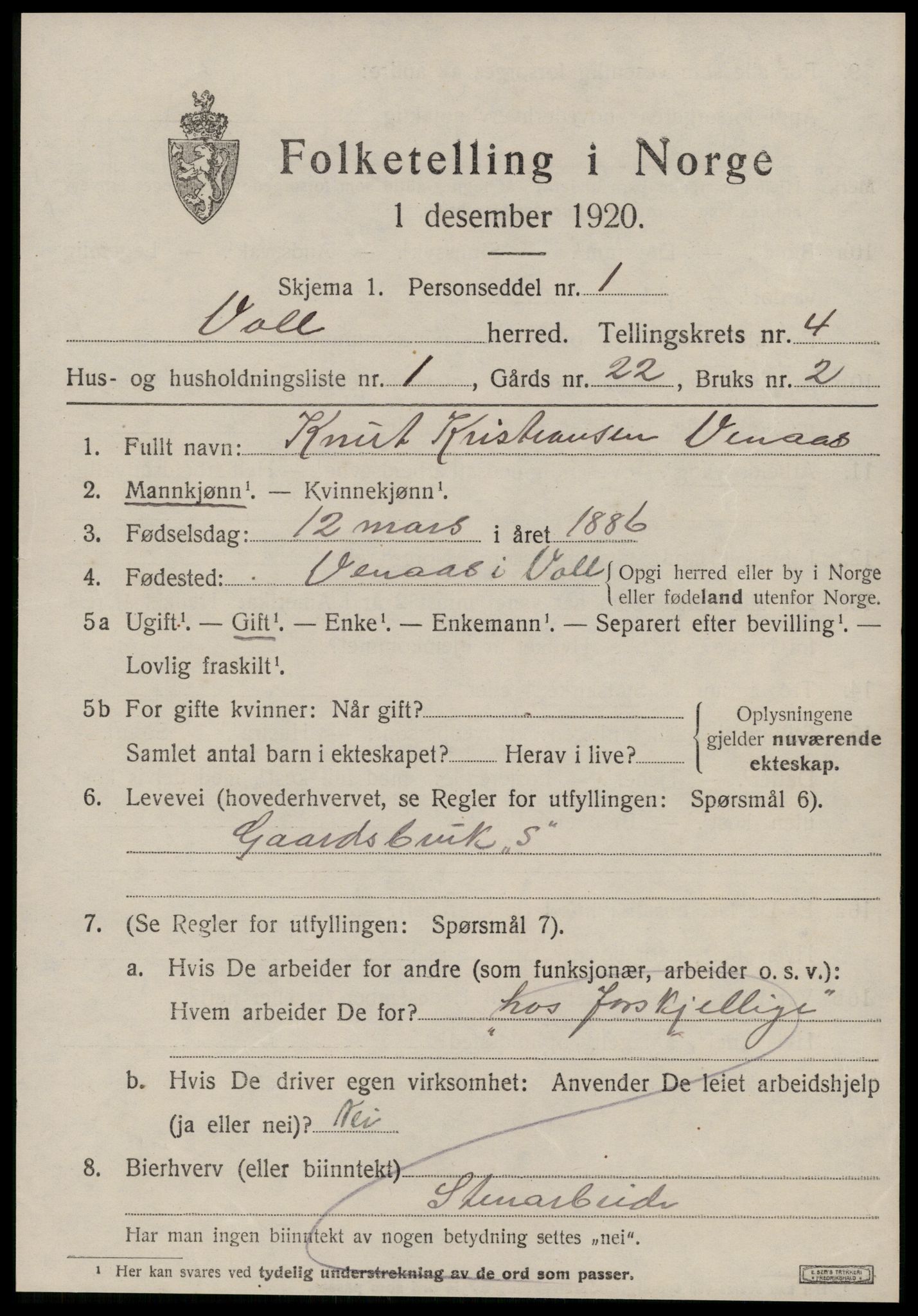 SAT, 1920 census for Voll, 1920, p. 1857