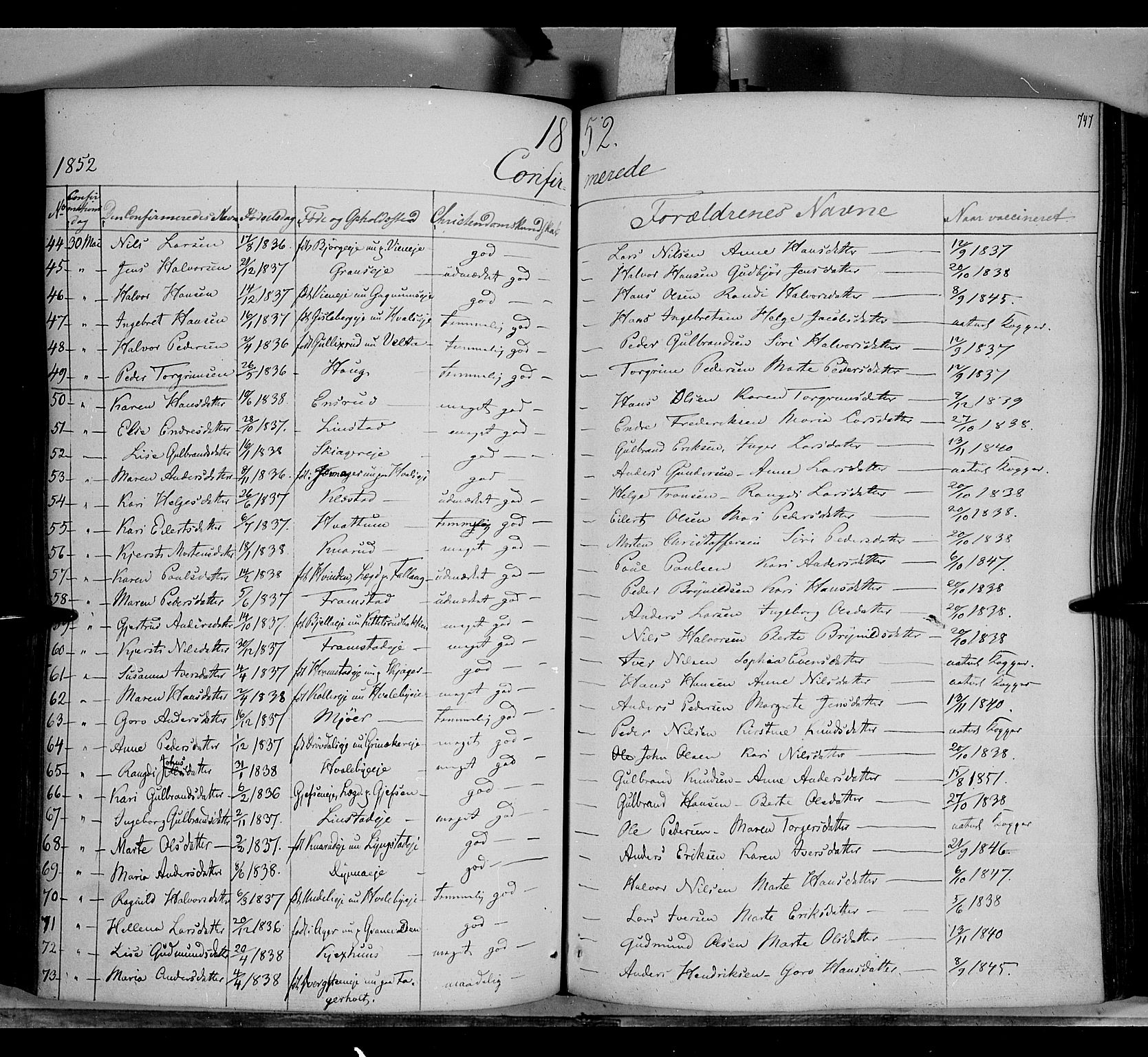 Gran prestekontor, SAH/PREST-112/H/Ha/Haa/L0011: Parish register (official) no. 11, 1842-1856, p. 746-747