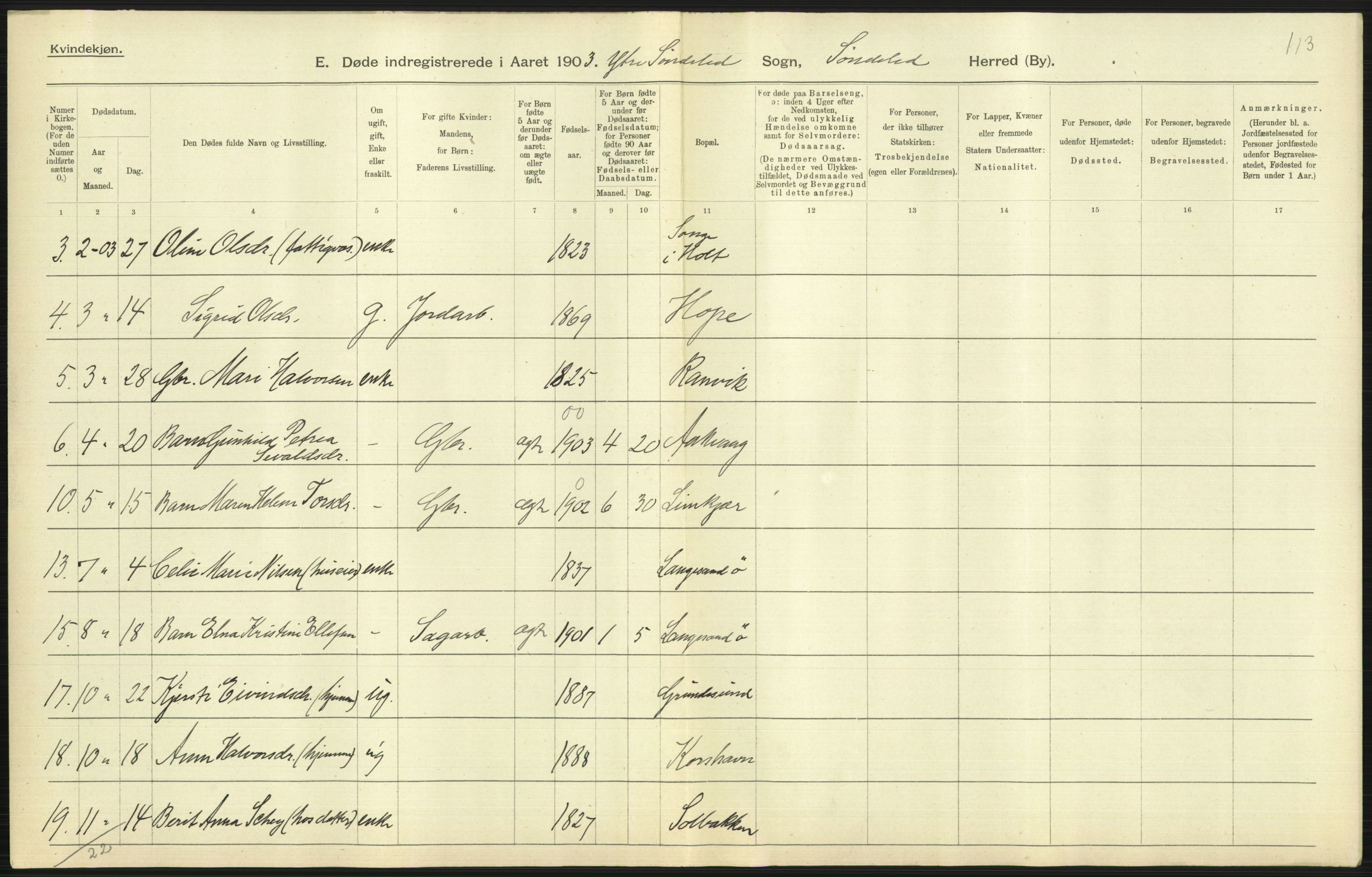 Statistisk sentralbyrå, Sosiodemografiske emner, Befolkning, AV/RA-S-2228/D/Df/Dfa/Dfaa/L0010: Nedenes amt: Fødte, gifte, døde, 1903, p. 367