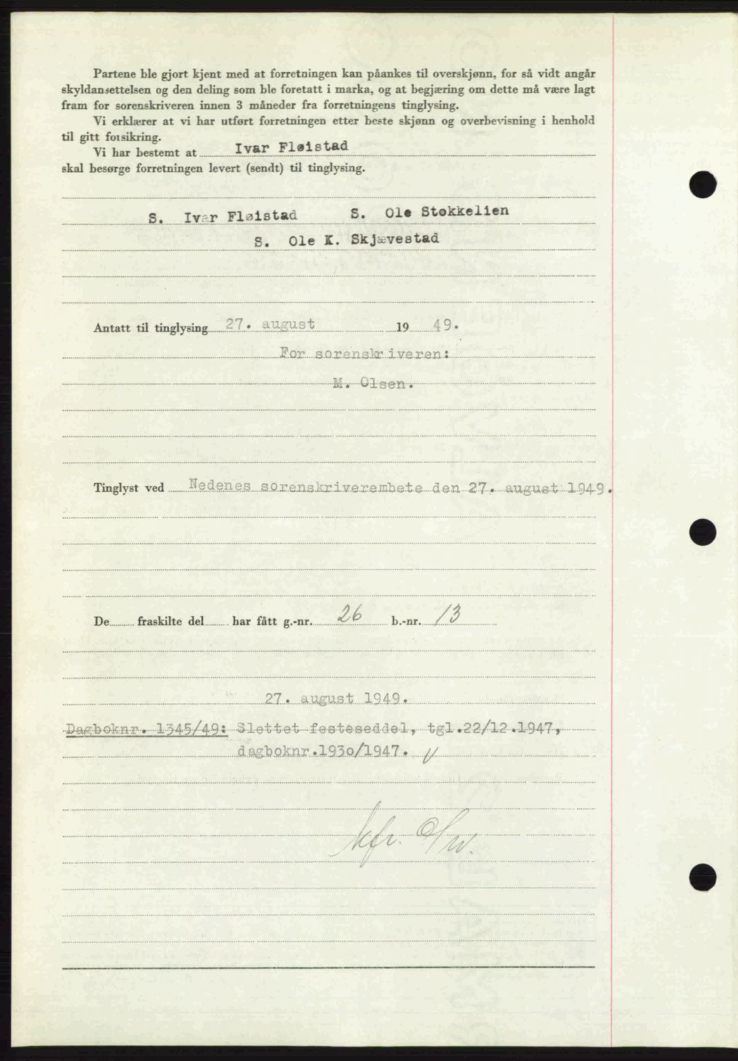 Nedenes sorenskriveri, SAK/1221-0006/G/Gb/Gba/L0061: Mortgage book no. A13, 1949-1949, Diary no: : 1344/1949