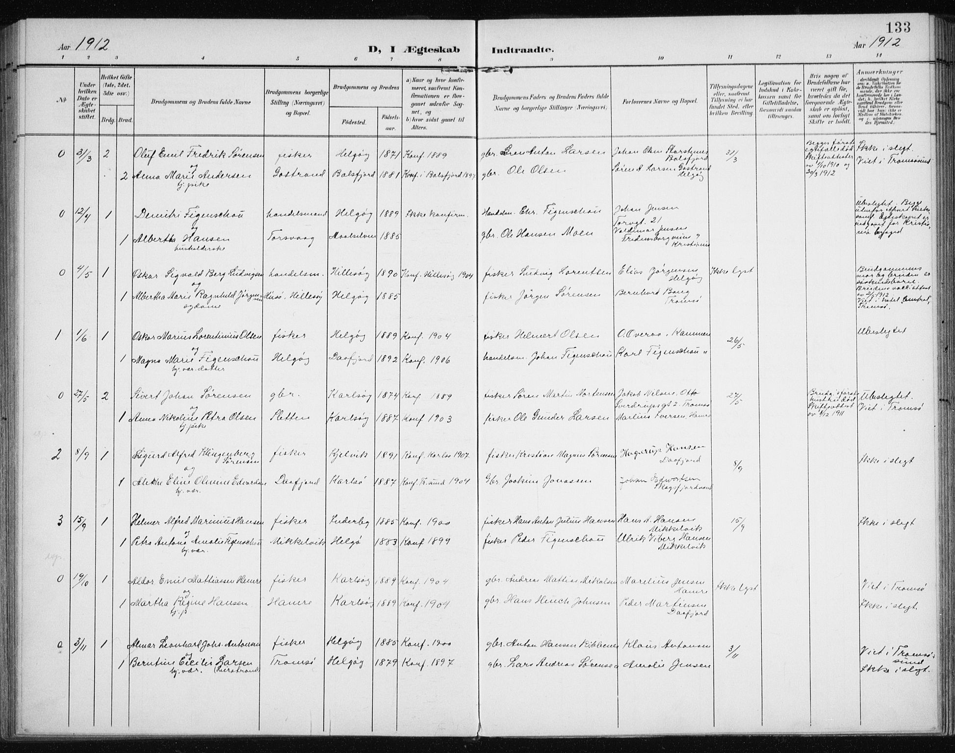 Karlsøy sokneprestembete, SATØ/S-1299/H/Ha/Haa/L0013kirke: Parish register (official) no. 13, 1902-1916, p. 133