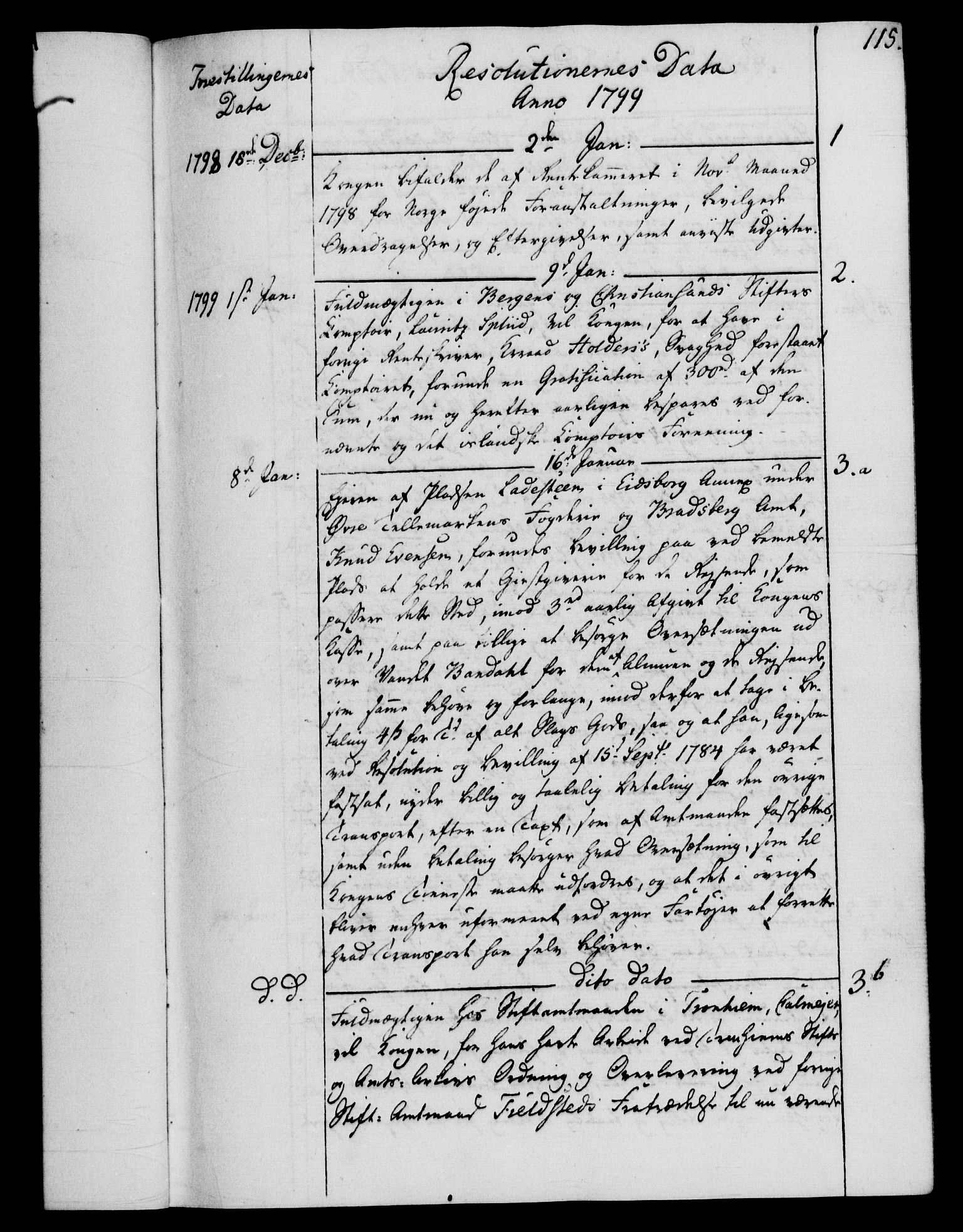 Rentekammeret, Kammerkanselliet, RA/EA-3111/G/Gf/Gfb/L0015: Register til norske relasjons- og resolusjonsprotokoller (merket RK 52.110), 1799-1800, p. 115
