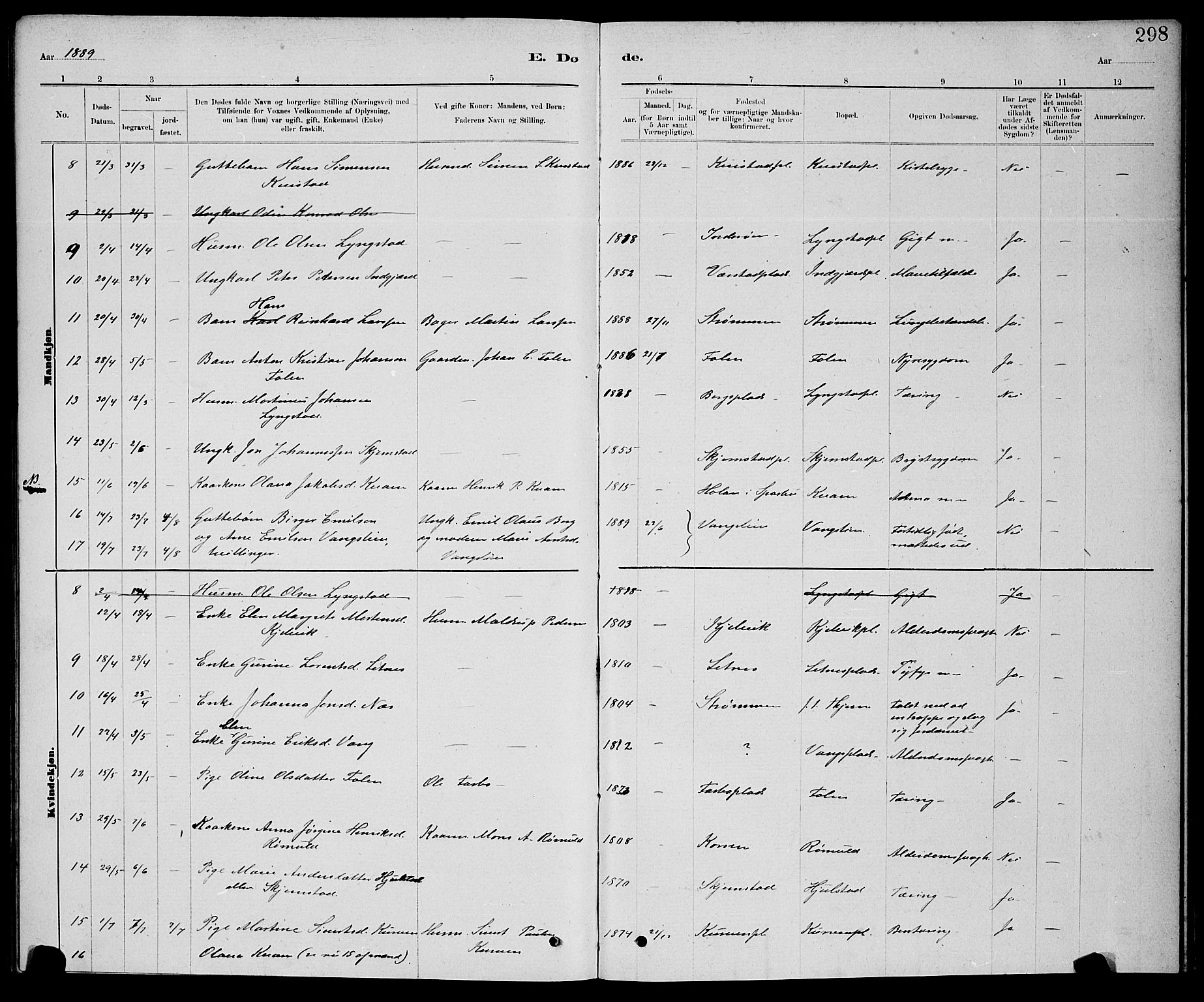 Ministerialprotokoller, klokkerbøker og fødselsregistre - Nord-Trøndelag, AV/SAT-A-1458/730/L0301: Parish register (copy) no. 730C04, 1880-1897, p. 298