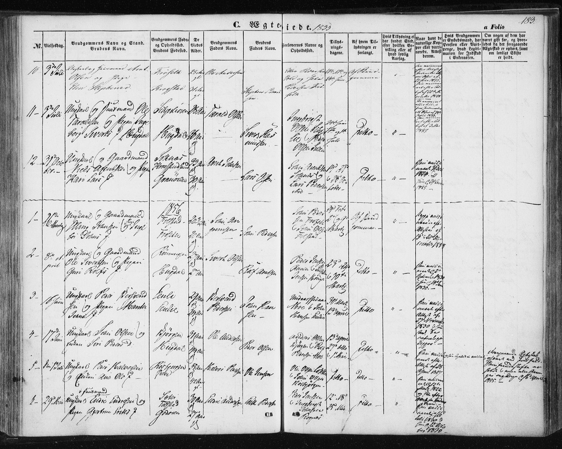 Ministerialprotokoller, klokkerbøker og fødselsregistre - Sør-Trøndelag, SAT/A-1456/687/L1000: Parish register (official) no. 687A06, 1848-1869, p. 183