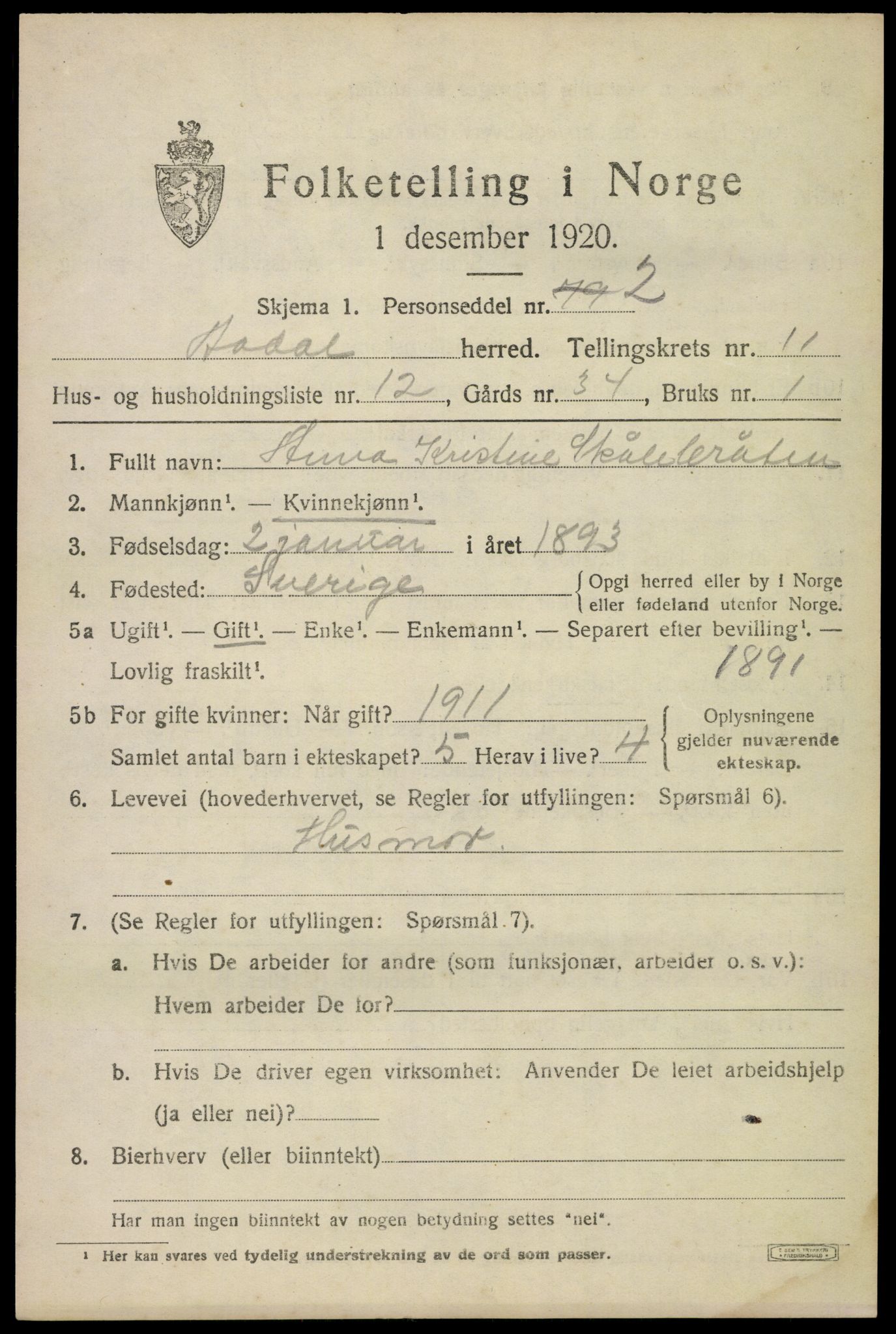 SAKO, 1920 census for Ådal, 1920, p. 6764