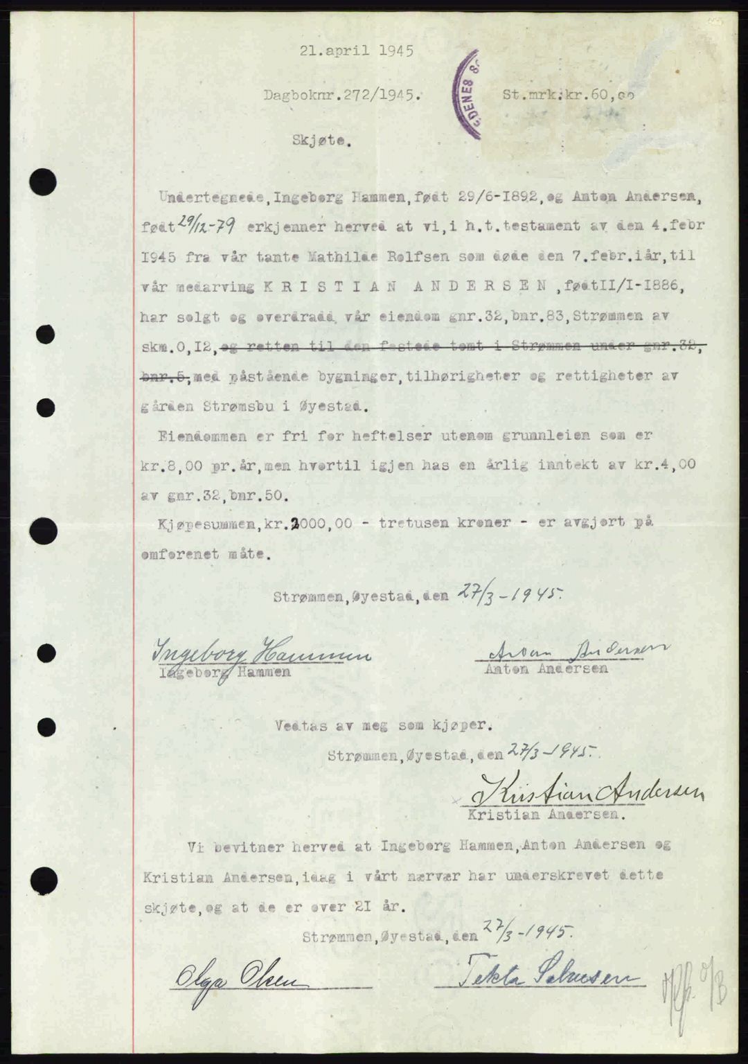 Nedenes sorenskriveri, SAK/1221-0006/G/Gb/Gba/L0052: Mortgage book no. A6a, 1944-1945, Diary no: : 272/1945