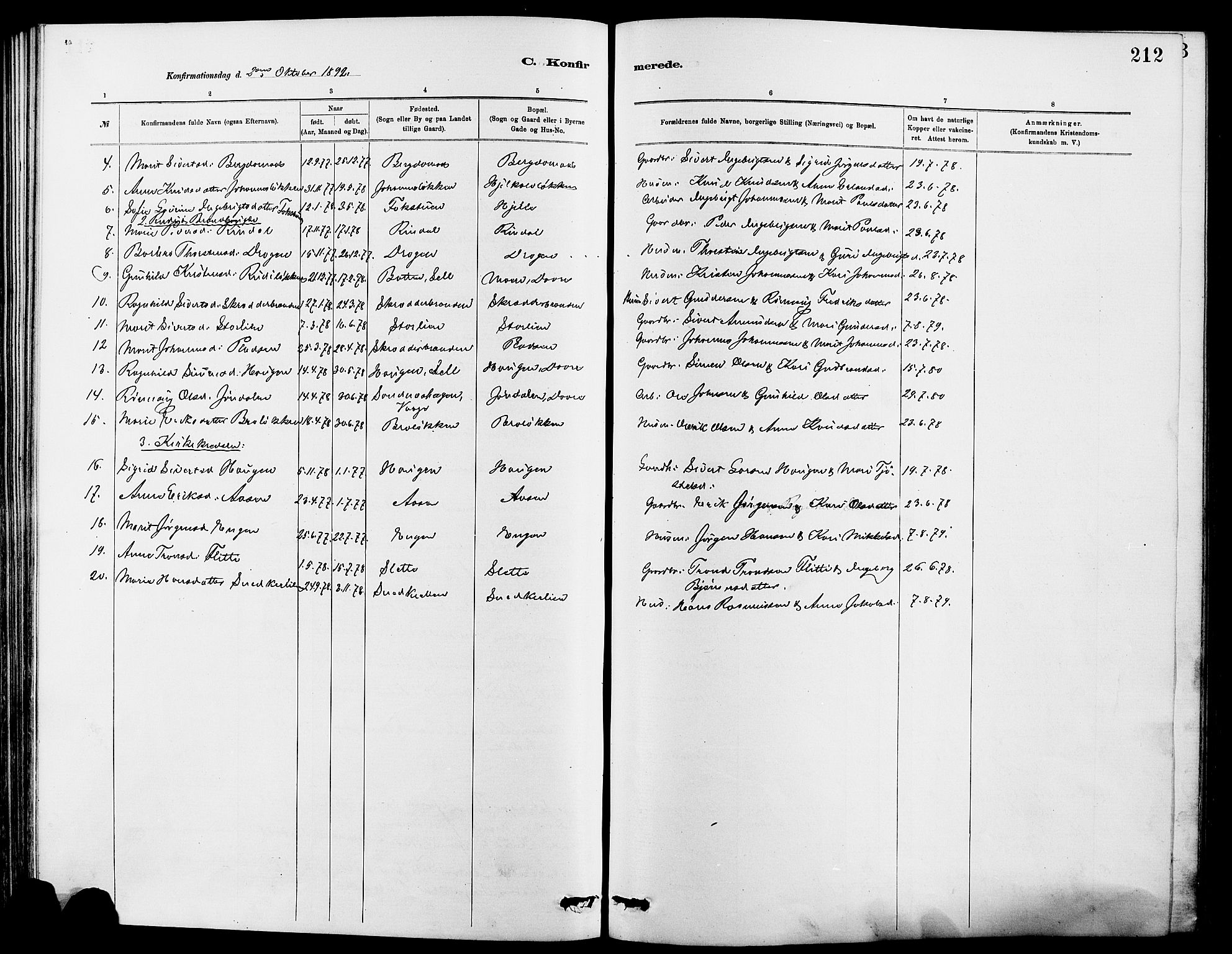 Dovre prestekontor, SAH/PREST-066/H/Ha/Hab/L0002: Parish register (copy) no. 2, 1881-1907, p. 212