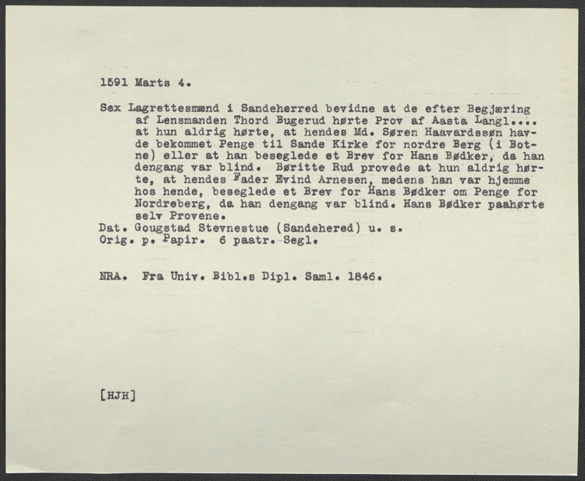 Riksarkivets diplomsamling, AV/RA-EA-5965/F02/L0093: Dokumenter, 1591, p. 48