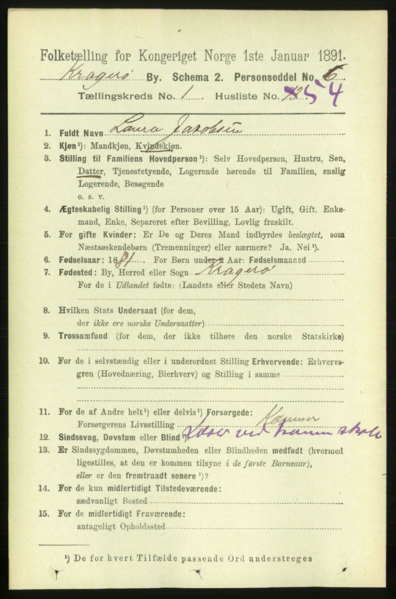 RA, 1891 census for 0801 Kragerø, 1891, p. 2108
