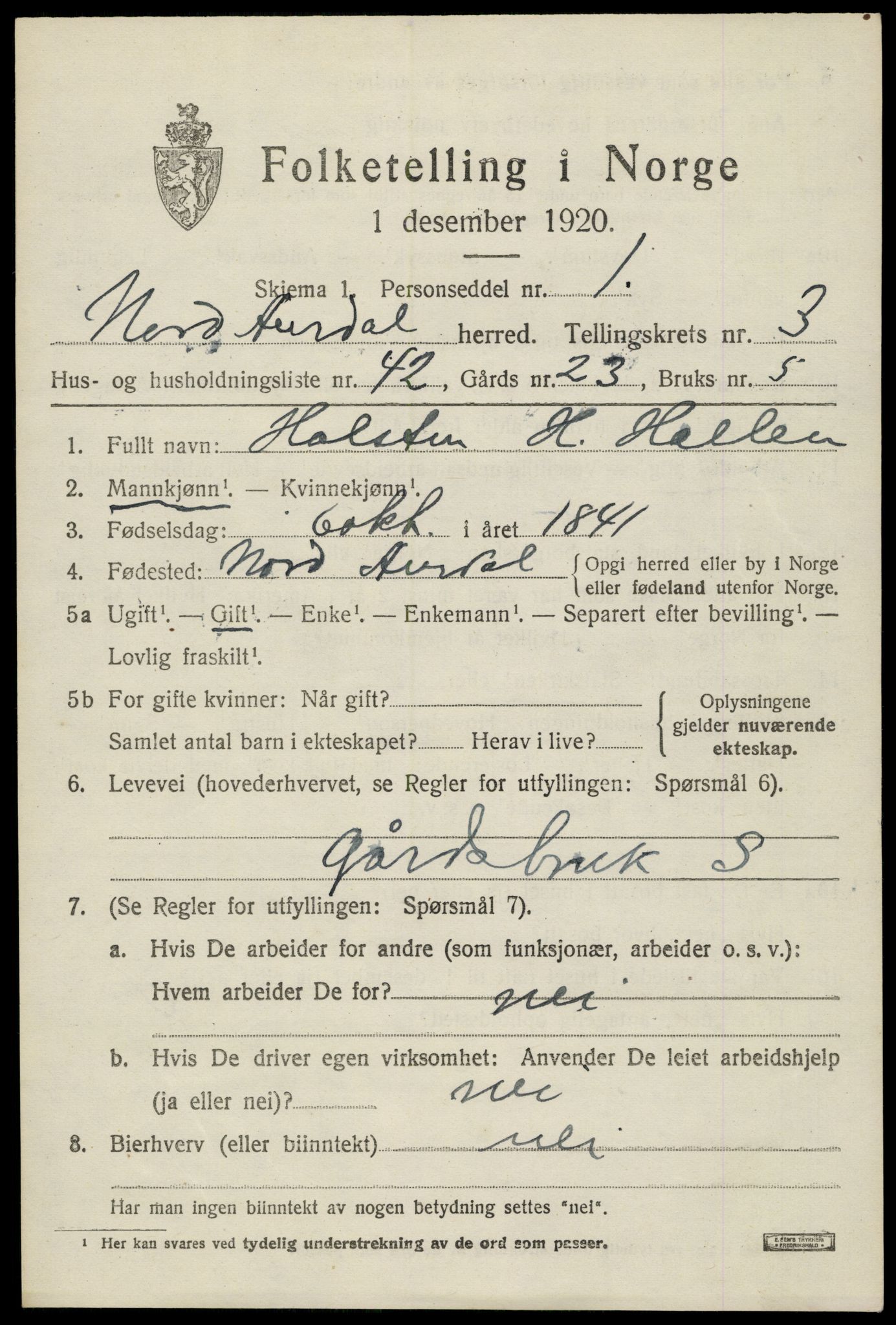 SAH, 1920 census for Nord-Aurdal, 1920, p. 3614