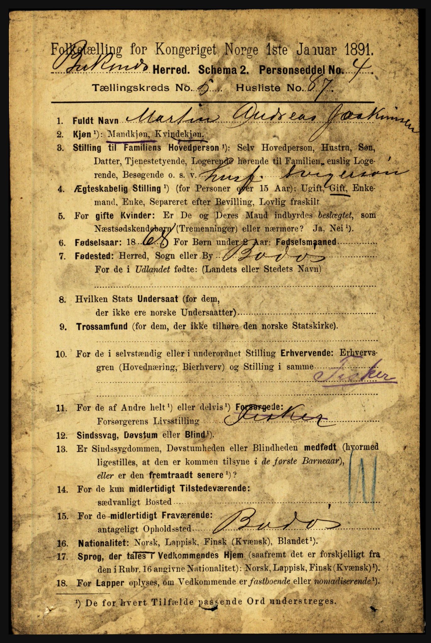 RA, 1891 census for 1860 Buksnes, 1891, p. 4460