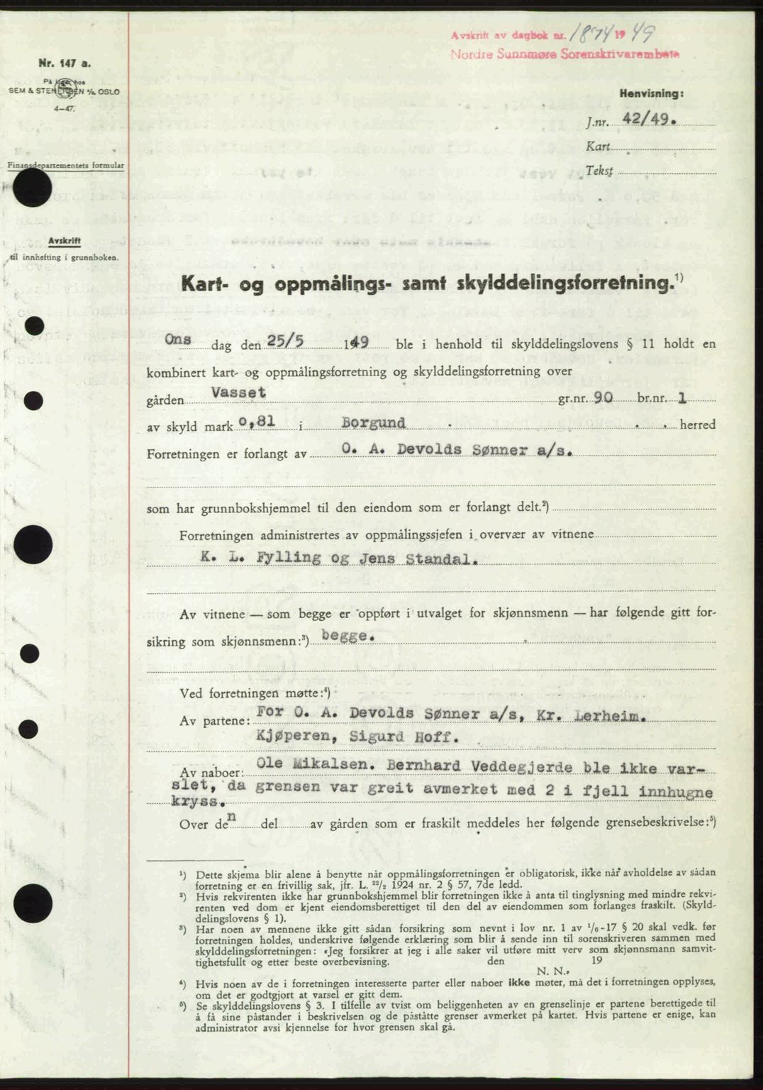 Nordre Sunnmøre sorenskriveri, AV/SAT-A-0006/1/2/2C/2Ca: Mortgage book no. A32, 1949-1949, Diary no: : 1874/1949