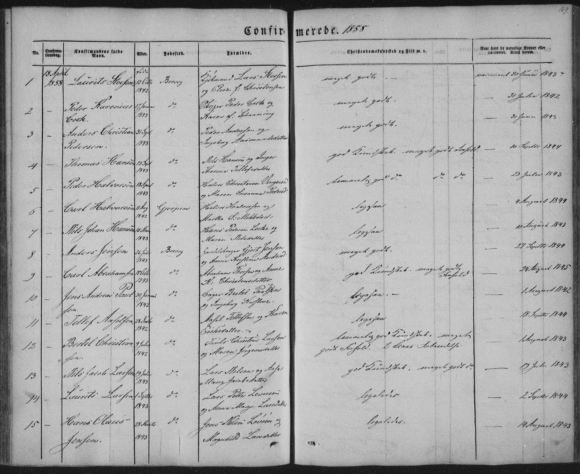 Brevik kirkebøker, AV/SAKO-A-255/F/Fa/L0005: Parish register (official) no. 5, 1847-1865, p. 169