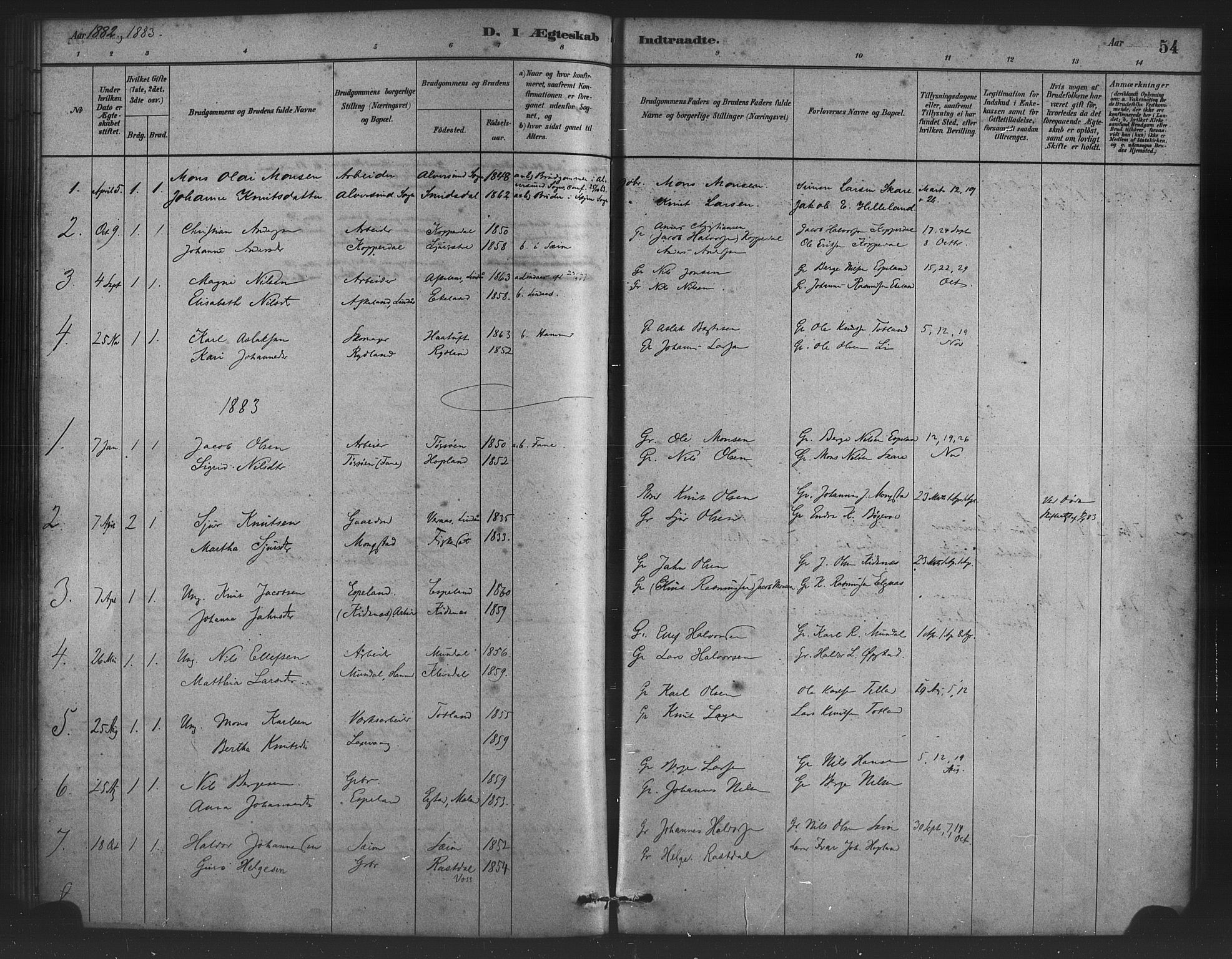 Alversund Sokneprestembete, AV/SAB-A-73901/H/Ha/Haa/Haad/L0001: Parish register (official) no. D 1, 1880-1898, p. 54