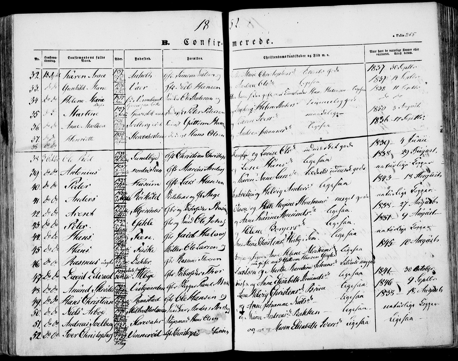 Stokke kirkebøker, AV/SAKO-A-320/F/Fa/L0007: Parish register (official) no. I 7, 1844-1857, p. 255