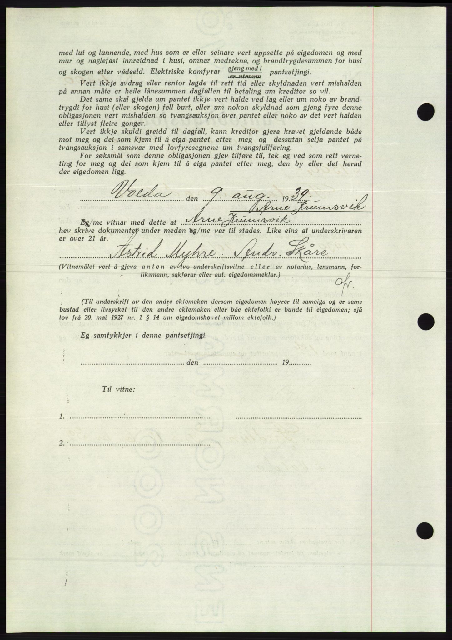 Søre Sunnmøre sorenskriveri, AV/SAT-A-4122/1/2/2C/L0068: Mortgage book no. 62, 1939-1939, Diary no: : 1210/1939