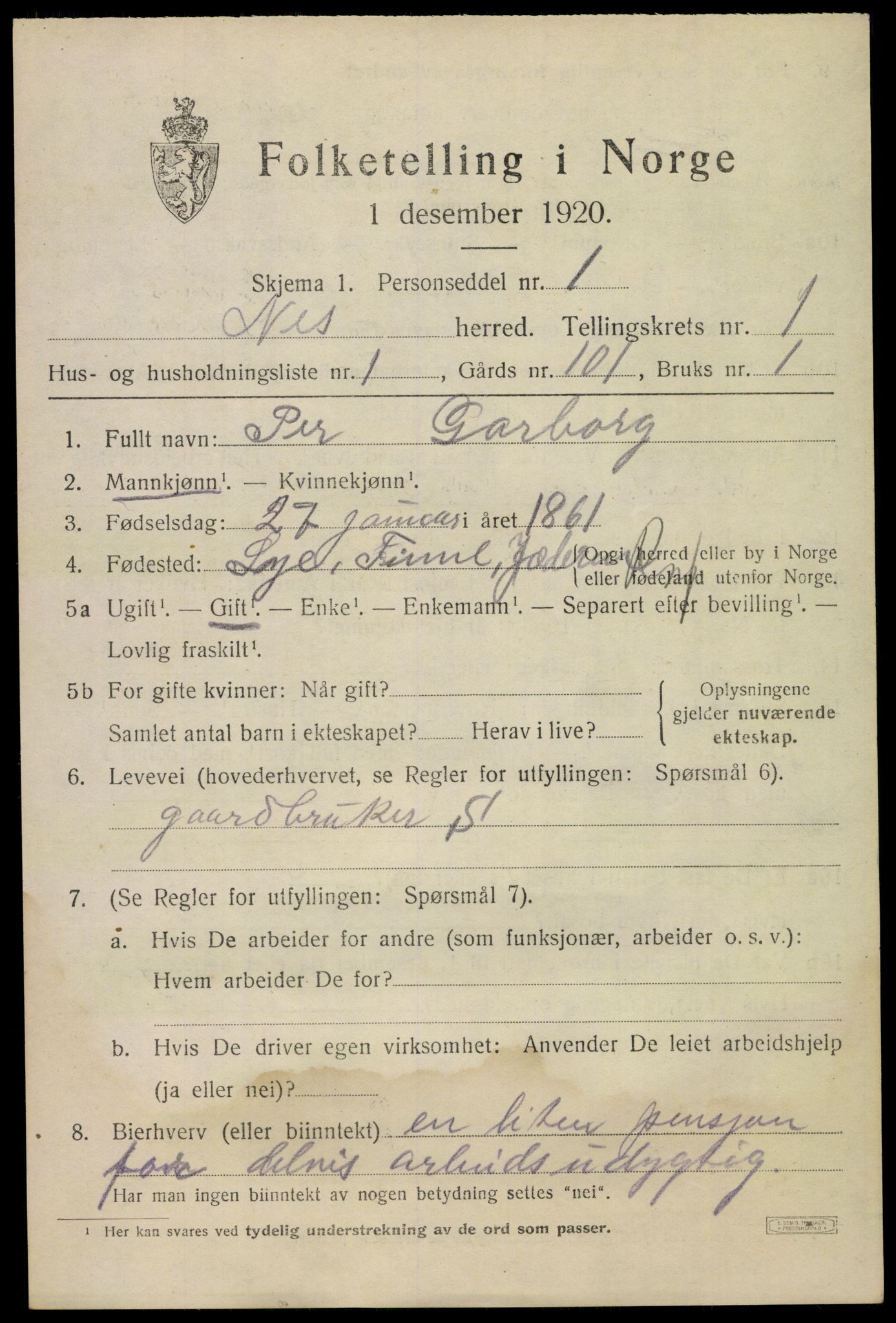 SAKO, 1920 census for Nes (Buskerud), 1920, p. 1016