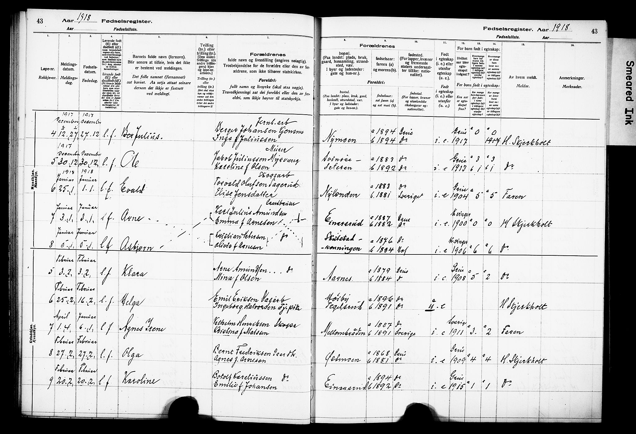 Grue prestekontor, AV/SAH-PREST-036/I/Id/Ida/L0001: Birth register no. I 1, 1916-1926, p. 43