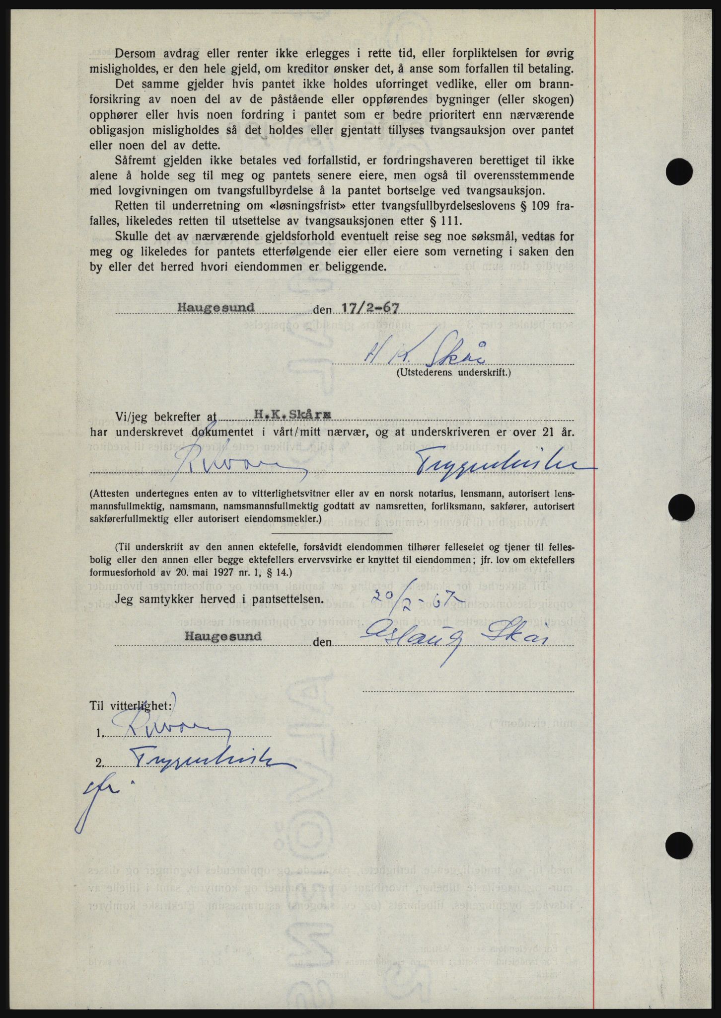 Haugesund tingrett, SAST/A-101415/01/II/IIC/L0056: Mortgage book no. B 56, 1966-1967, Diary no: : 530/1967